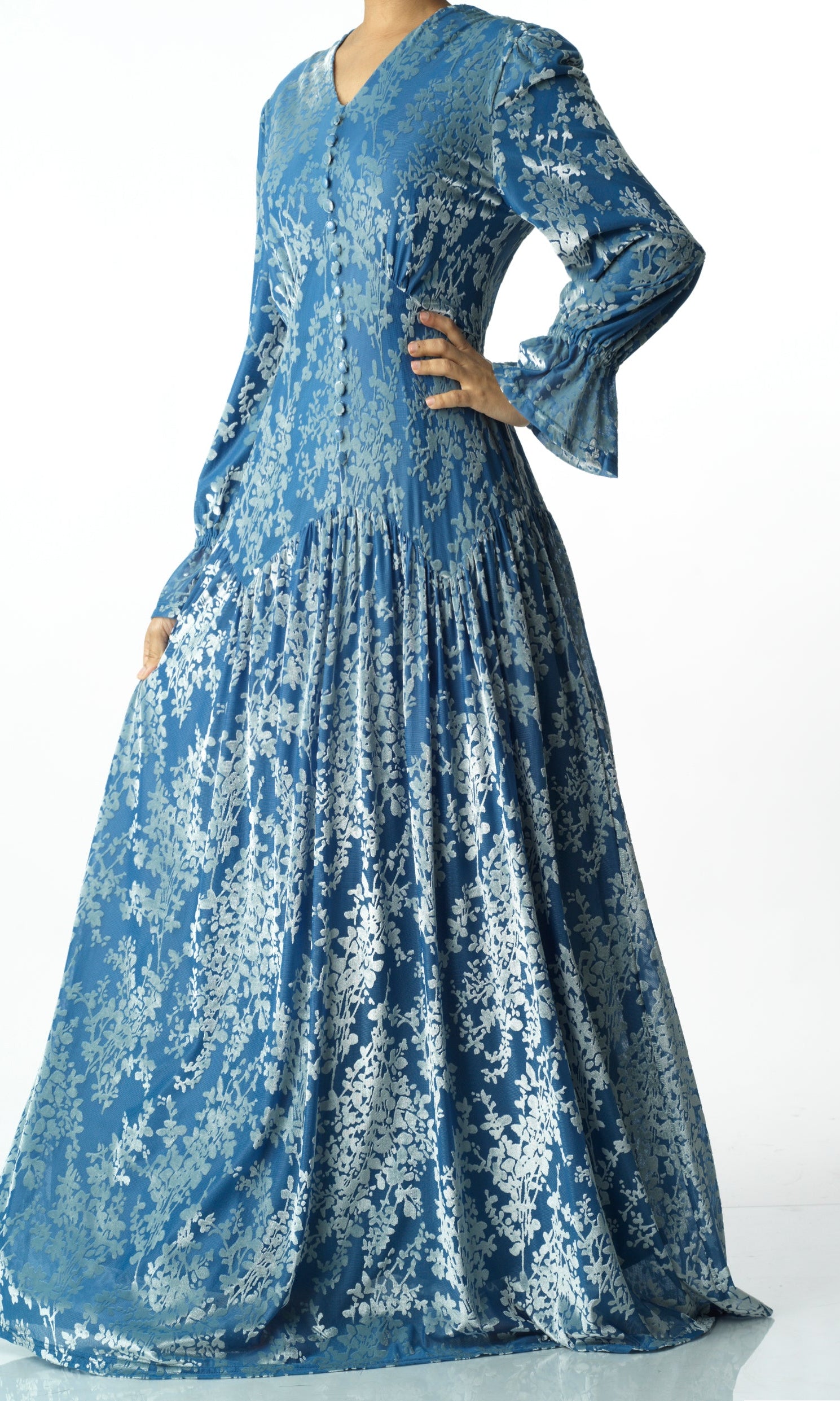 Zaria Pretty Blue velvet burnout modest maxi dress Kabayare