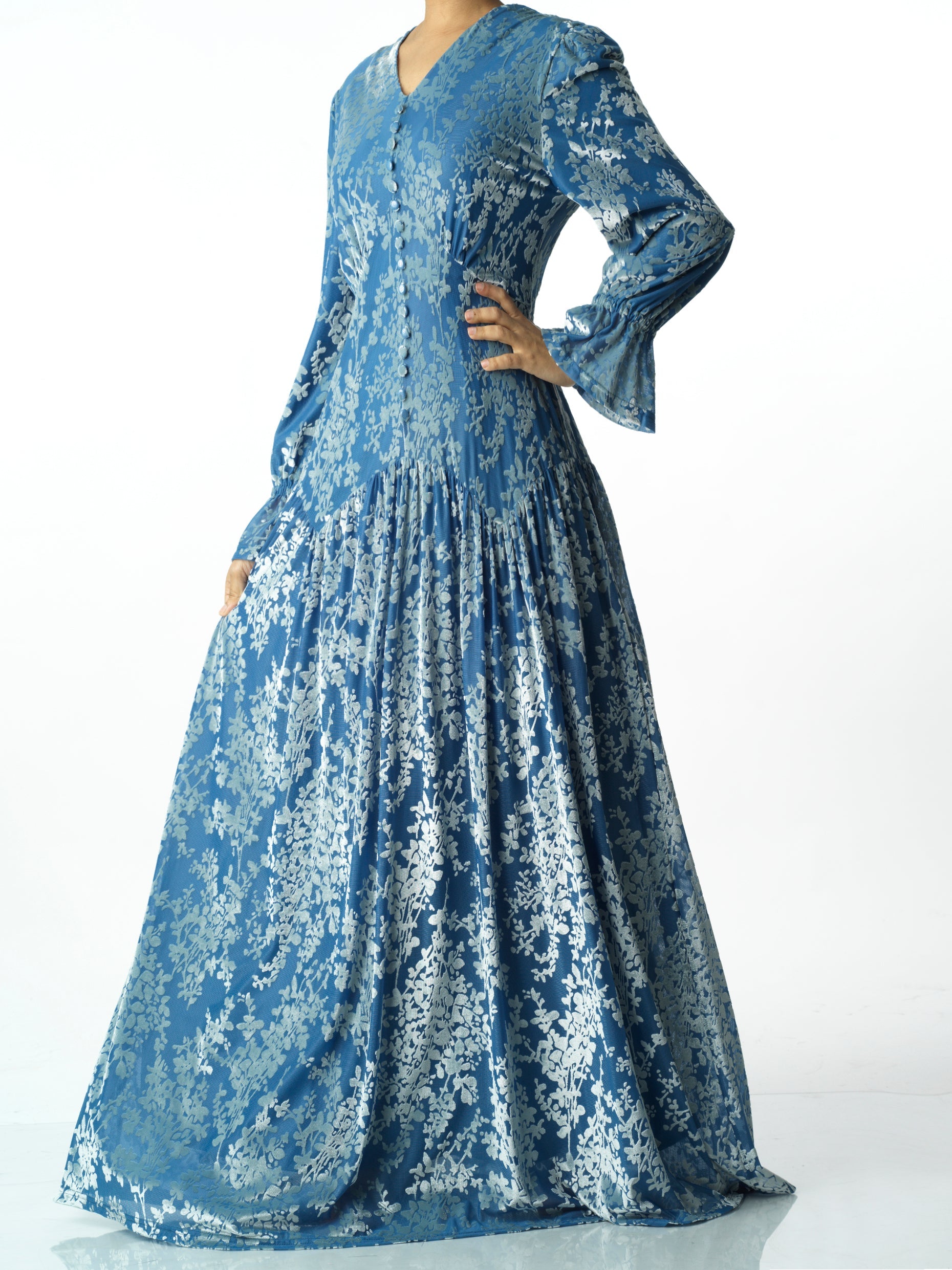 Zaria Pretty Blue velvet burnout modest maxi dress Kabayare