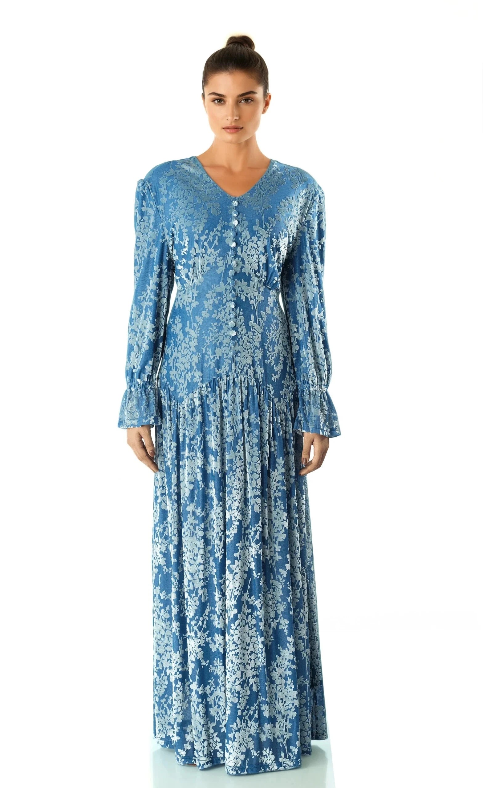Zaria Pretty Blue velvet burnout modest maxi dress Kabayare