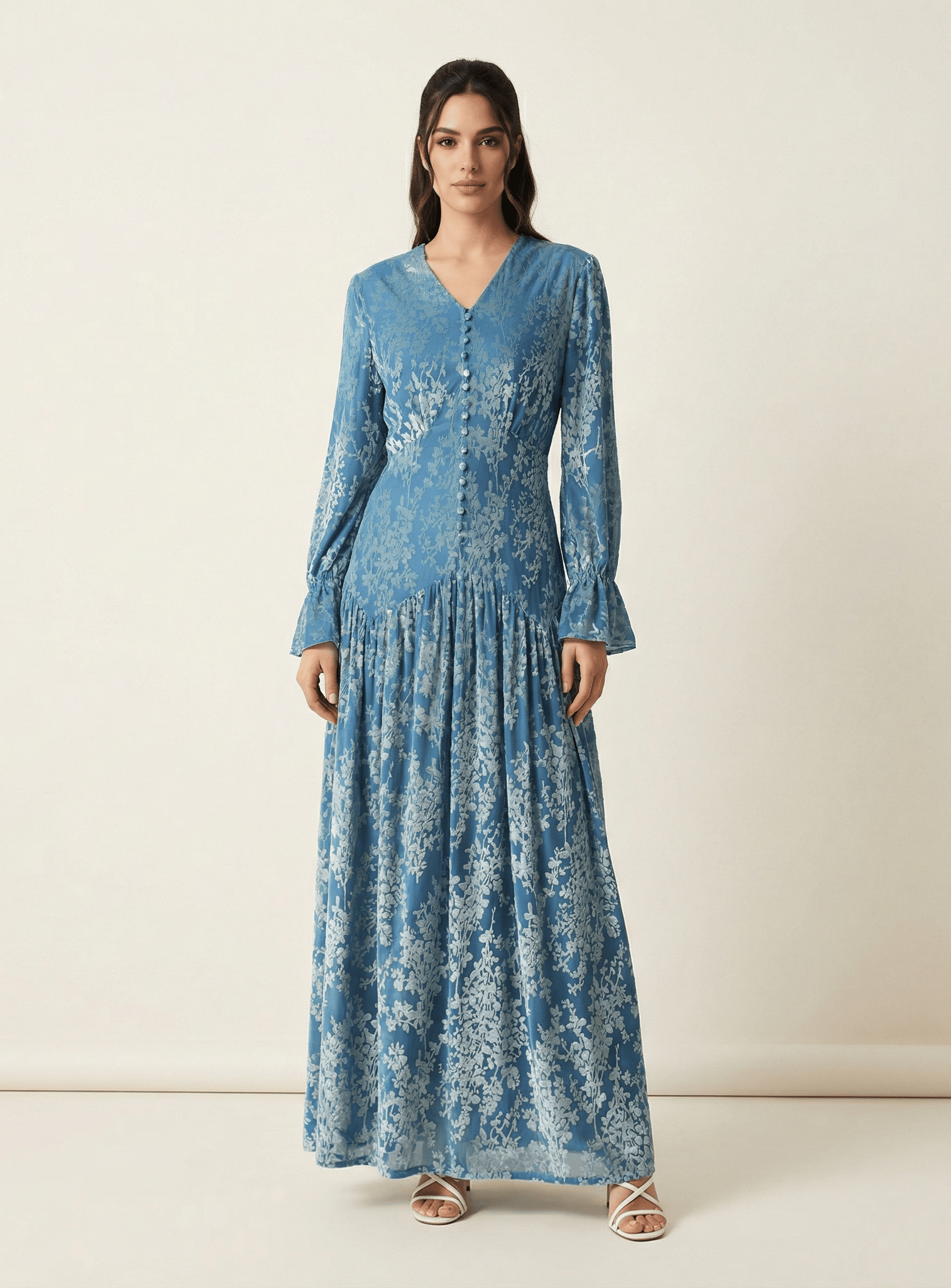 Zaria Pretty Blue velvet burnout modest maxi dress Kabayare
