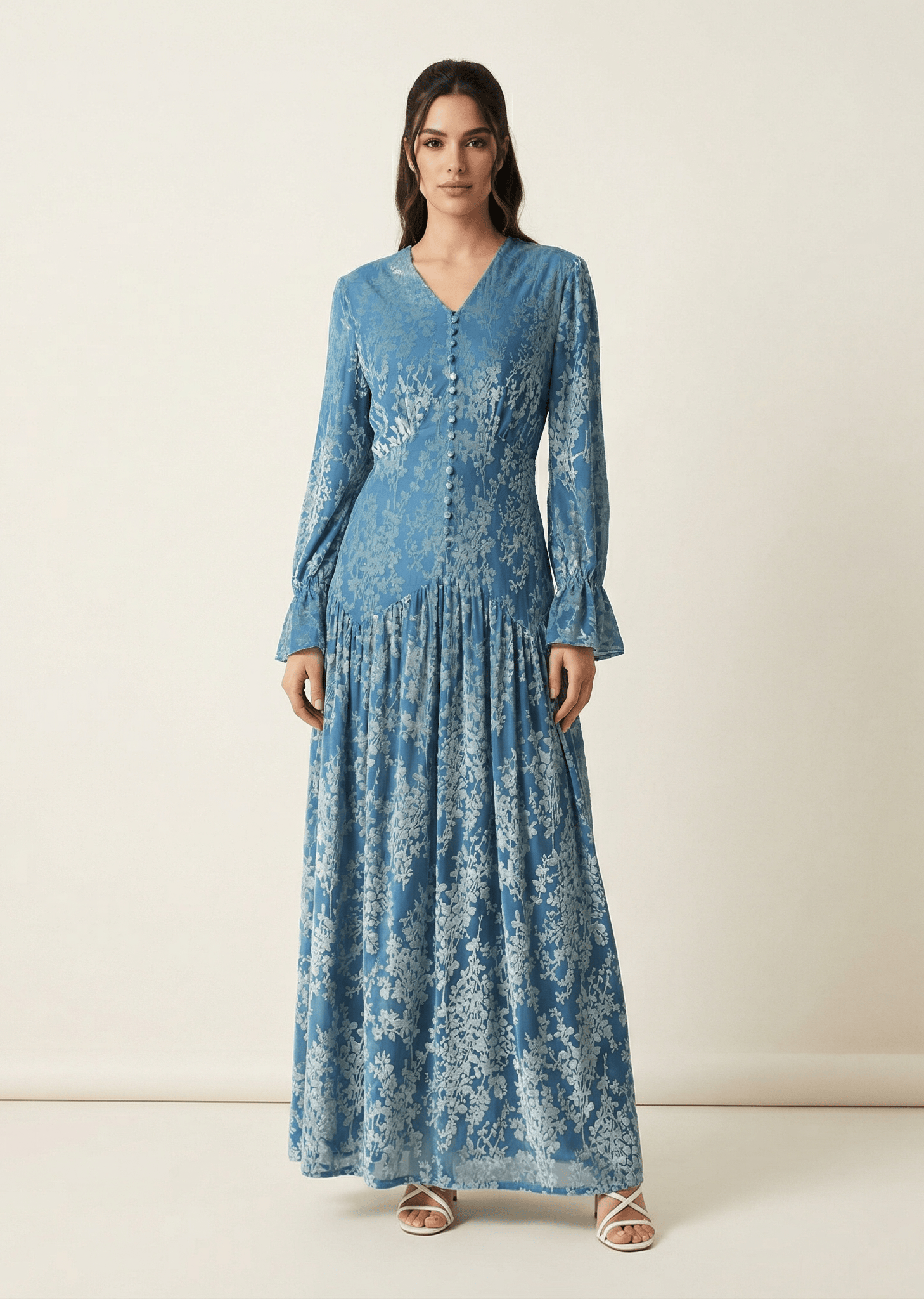 Zaria Pretty Blue velvet burnout modest maxi dress Kabayare