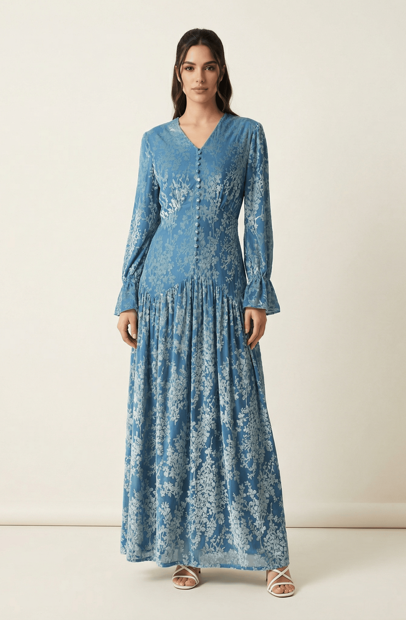 Zaria Pretty Blue velvet burnout modest maxi dress Kabayare