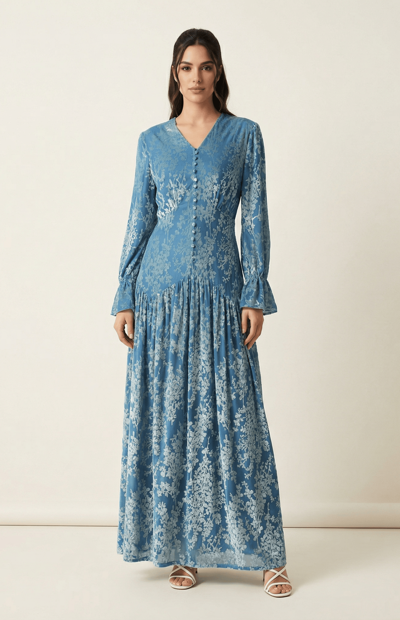 Zaria Pretty Blue velvet burnout modest maxi dress Kabayare