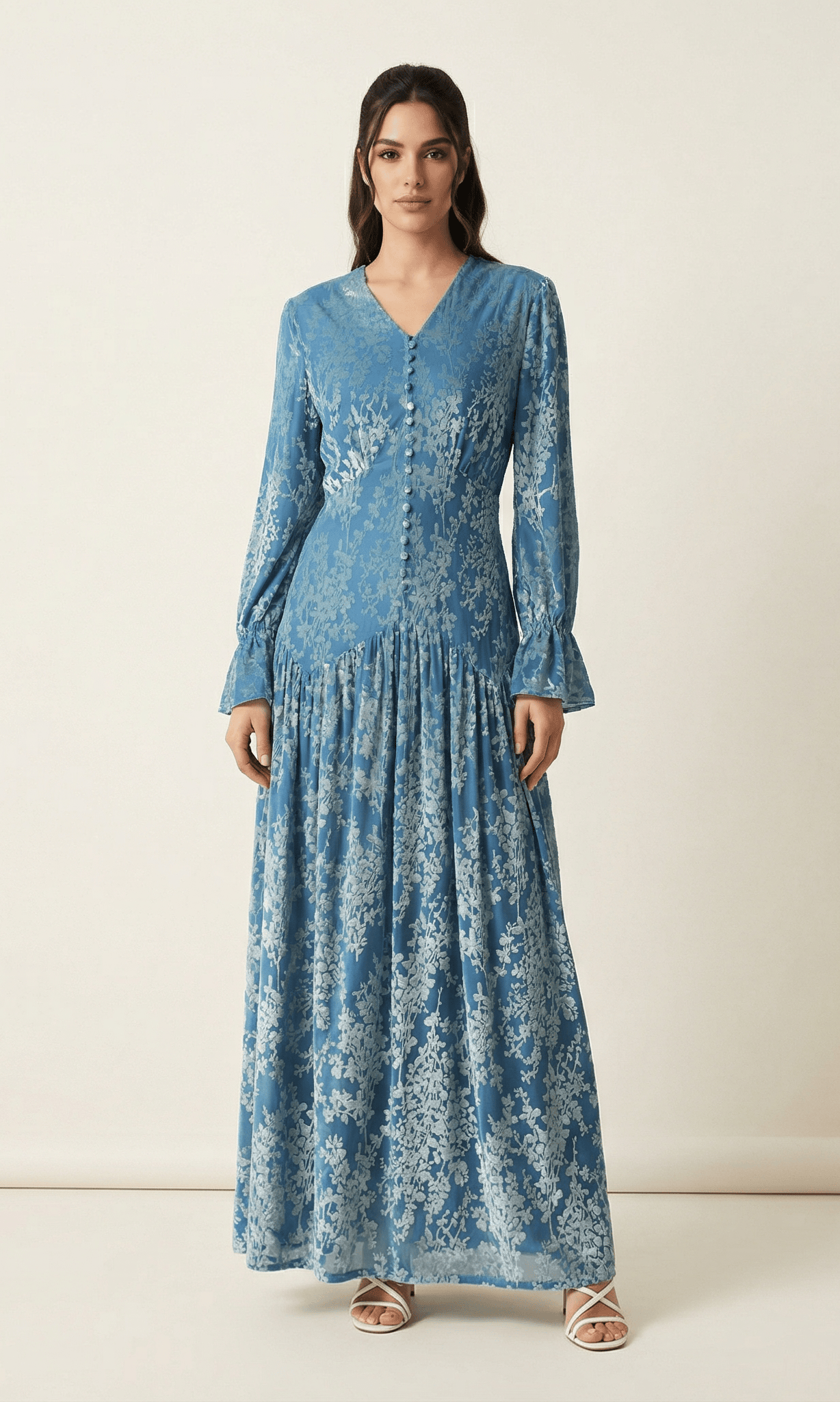 Zaria Pretty Blue velvet burnout modest maxi dress Kabayare