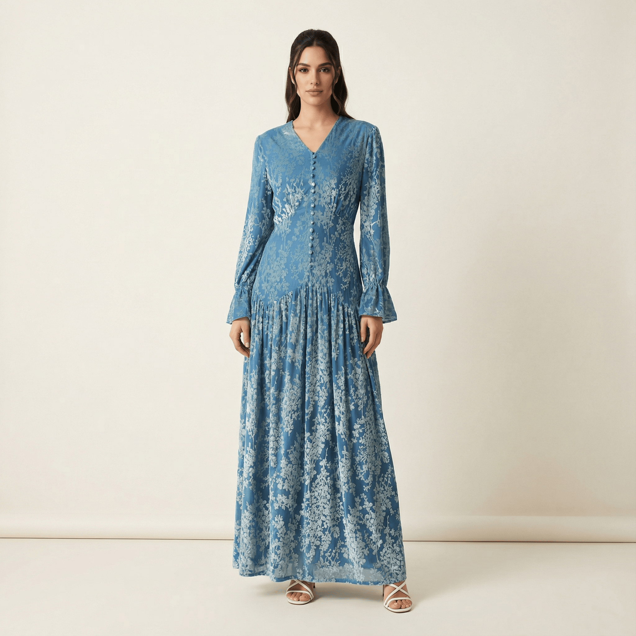 Zaria Pretty Blue velvet burnout modest maxi dress Kabayare