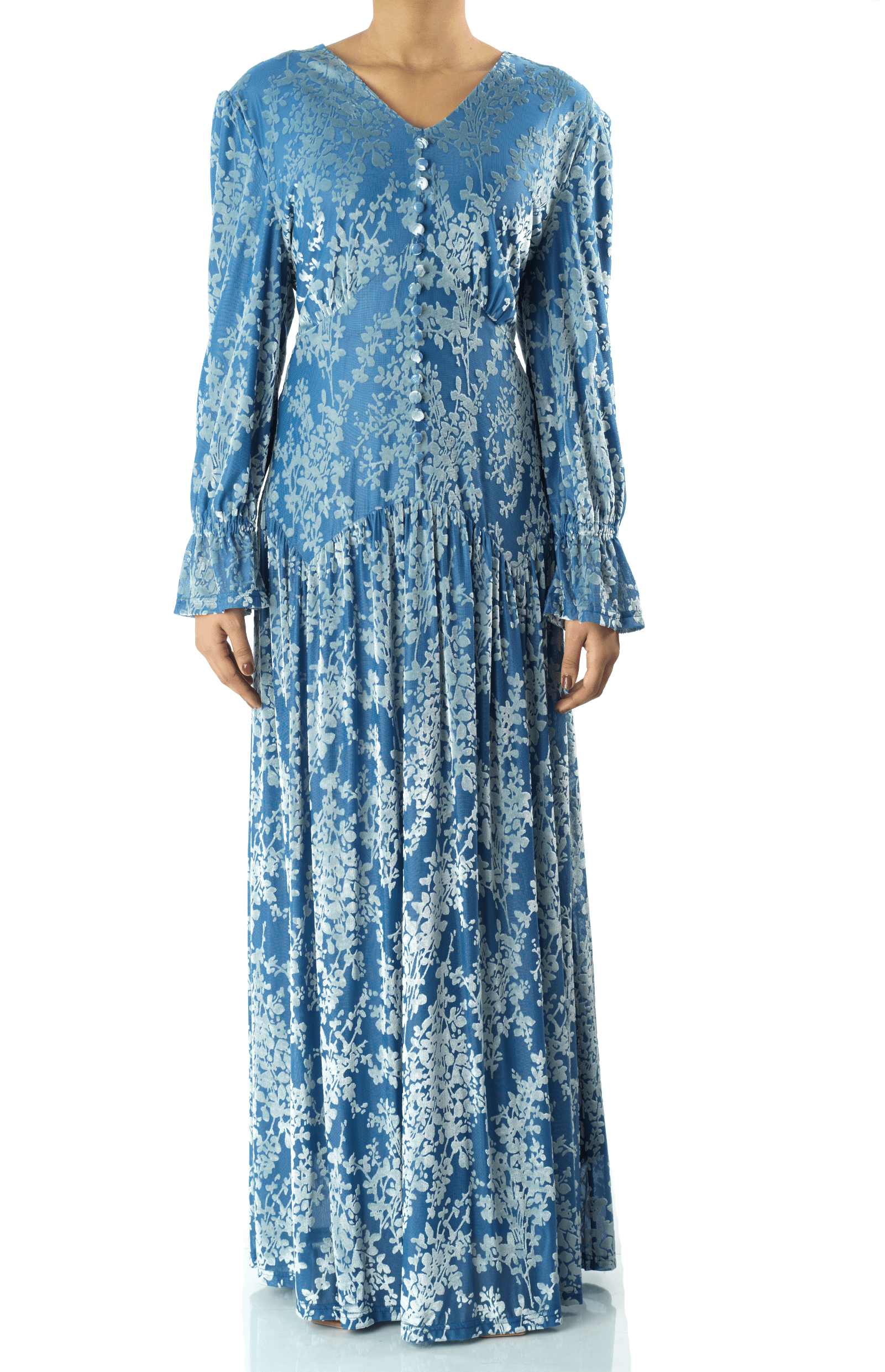 Zaria Pretty Blue velvet burnout modest maxi dress Kabayare