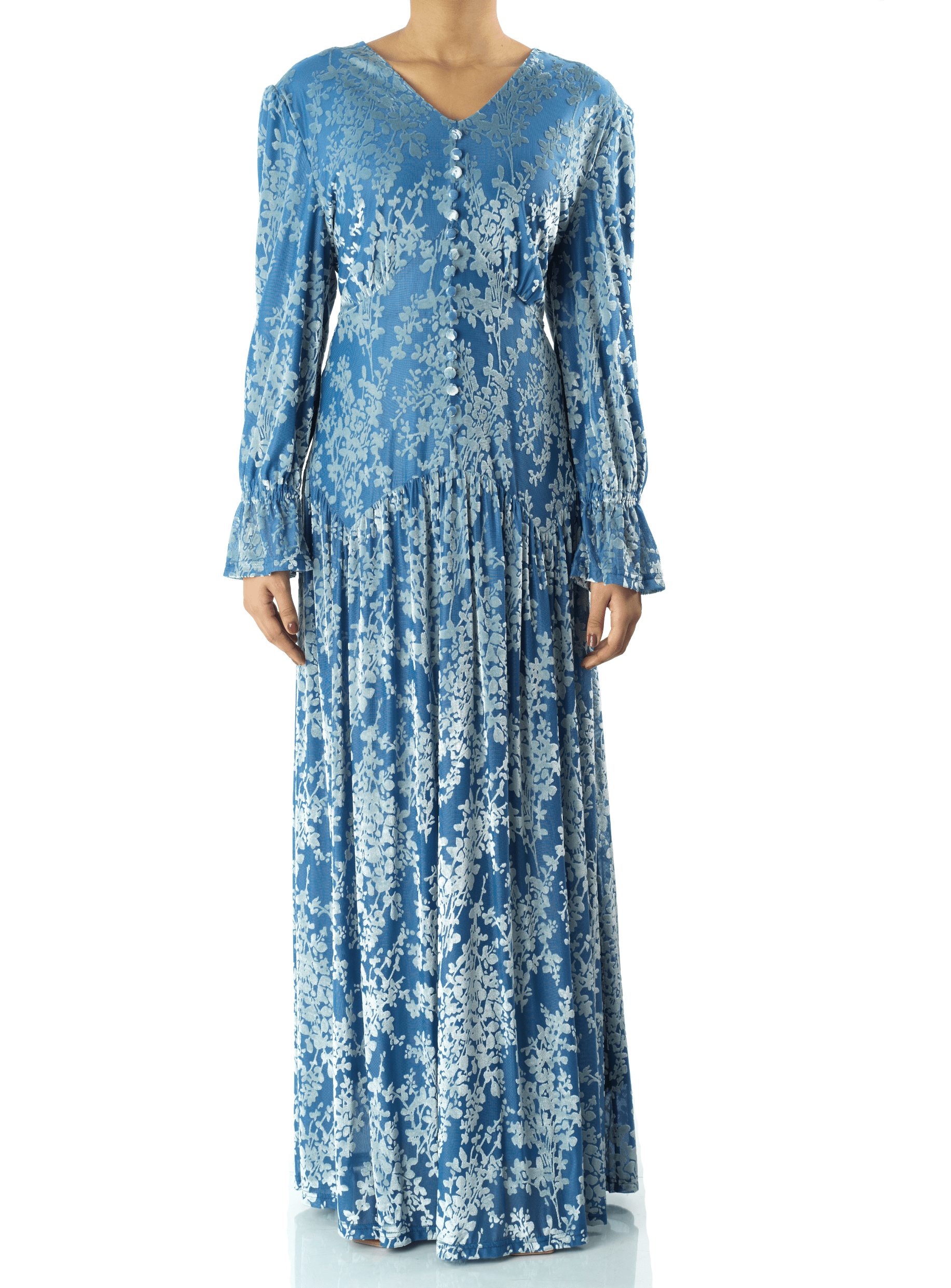 Zaria Pretty Blue velvet burnout modest maxi dress Kabayare