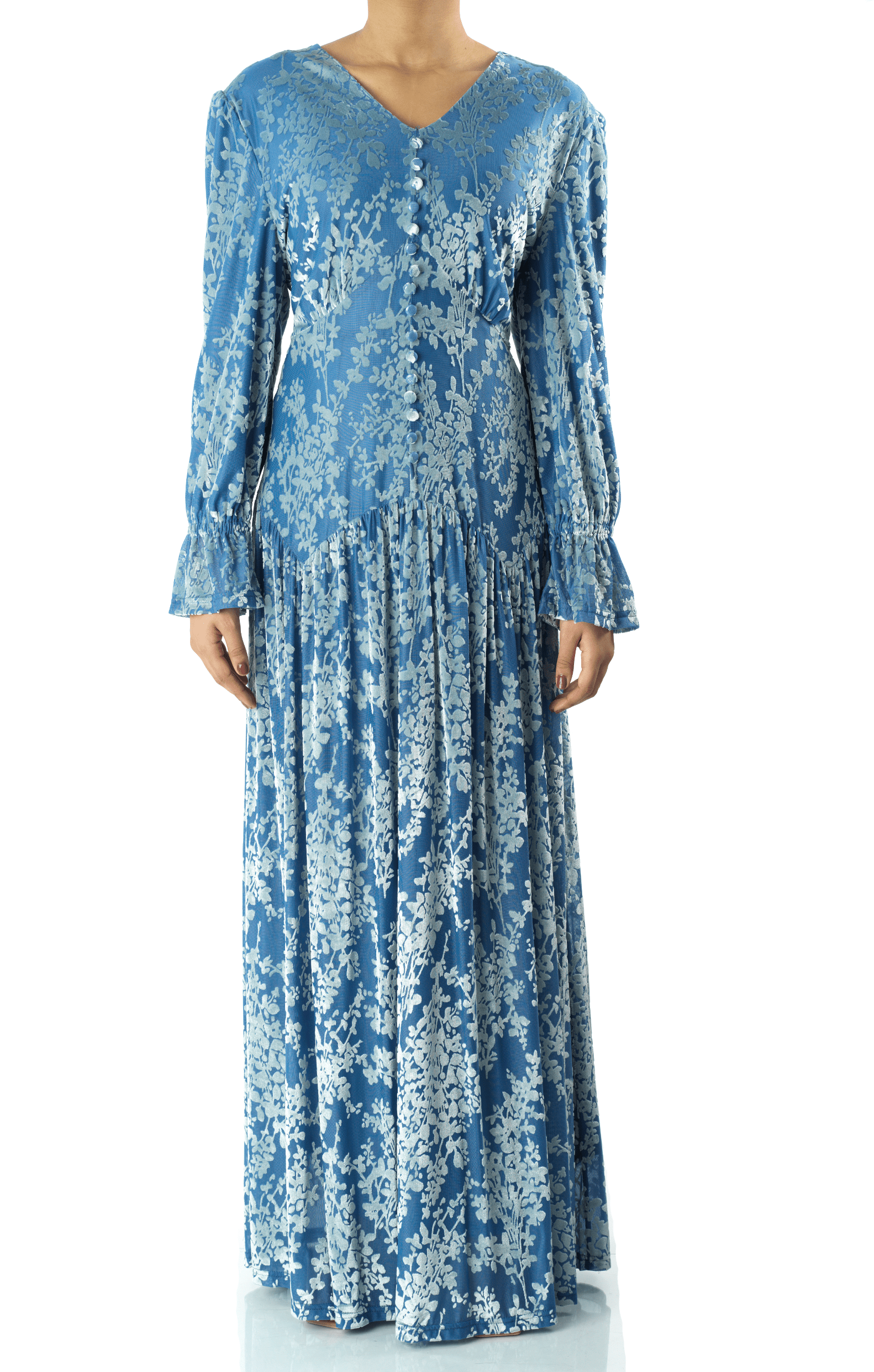 Zaria Pretty Blue velvet burnout modest maxi dress Kabayare
