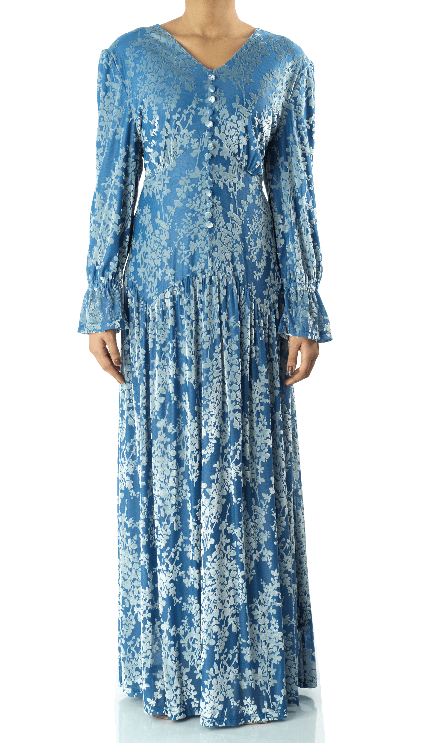 Zaria Pretty Blue velvet burnout modest maxi dress Kabayare