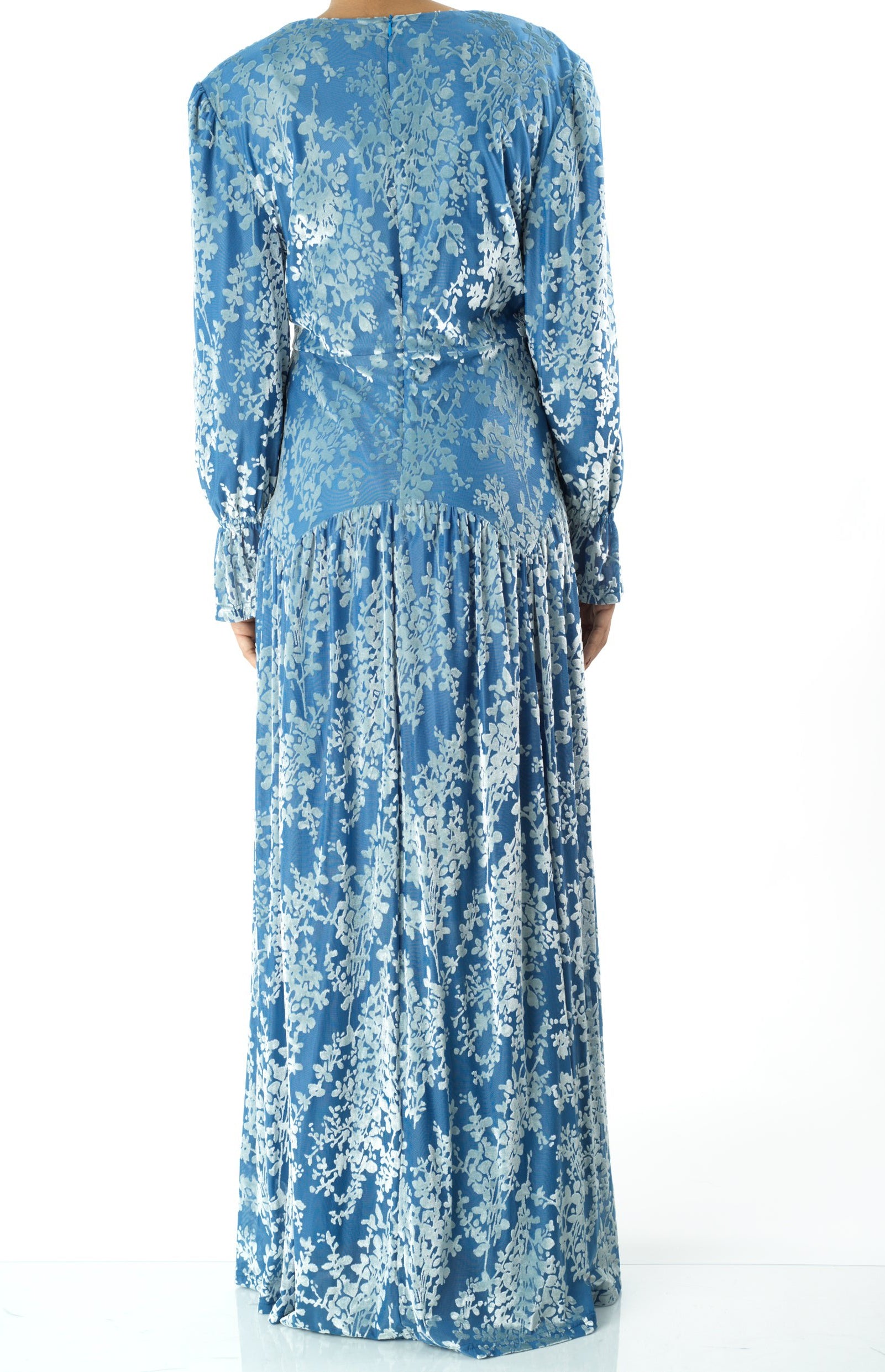 Zaria Pretty Blue velvet burnout modest maxi dress Kabayare