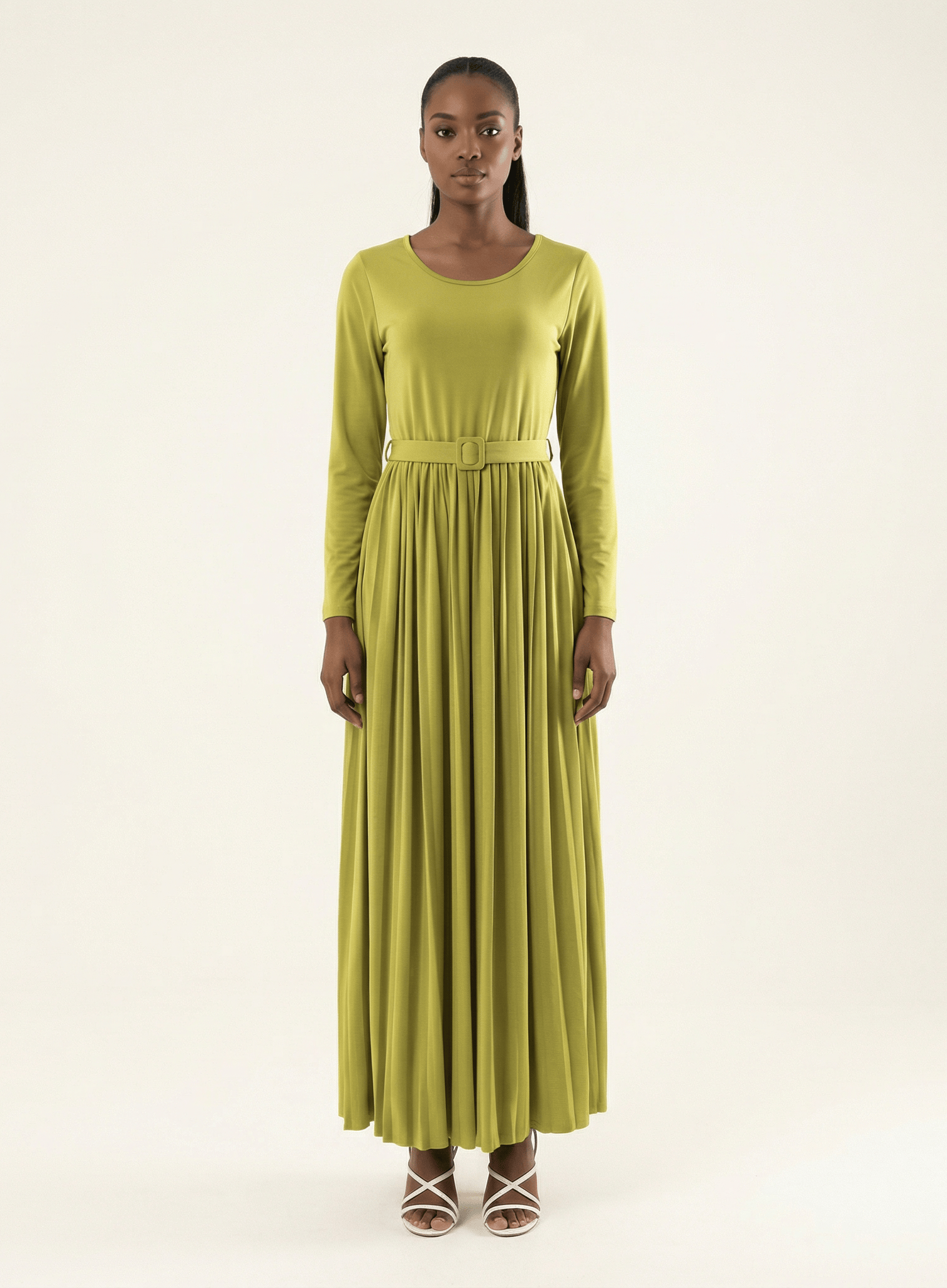 Zaytoon Olive pleated ponti di roma maxi dress Kabayare