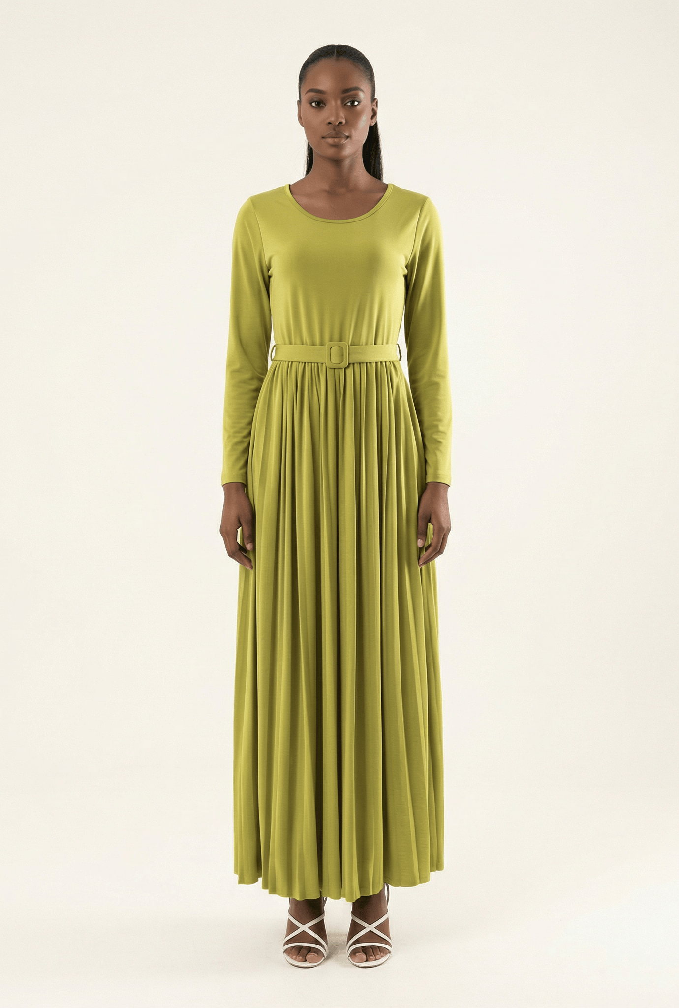 Zaytoon Olive pleated ponti di roma maxi dress Kabayare