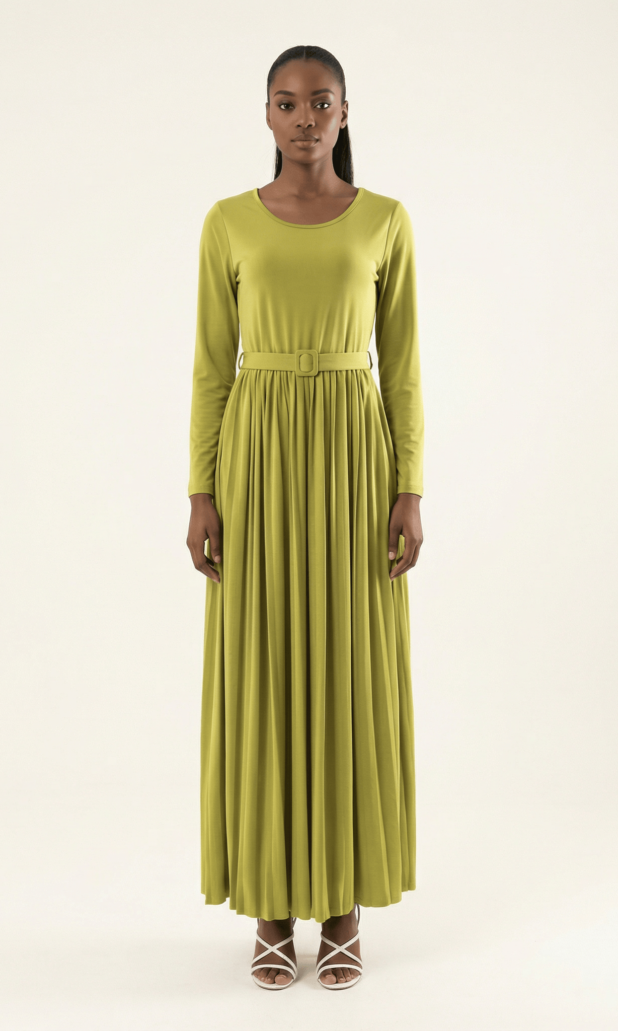 Zaytoon Olive pleated ponti di roma maxi dress Kabayare