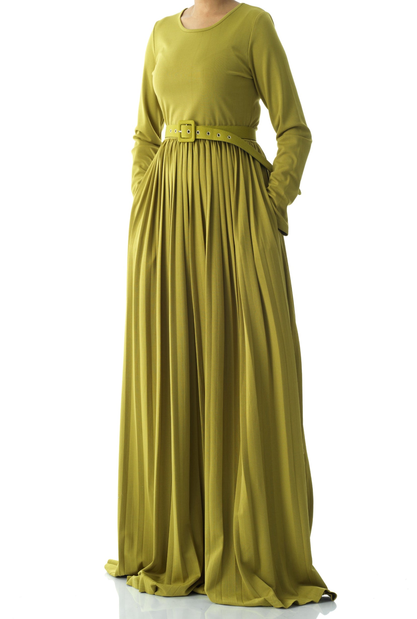 Zaytoon Olive pleated ponti di roma maxi dress Kabayare