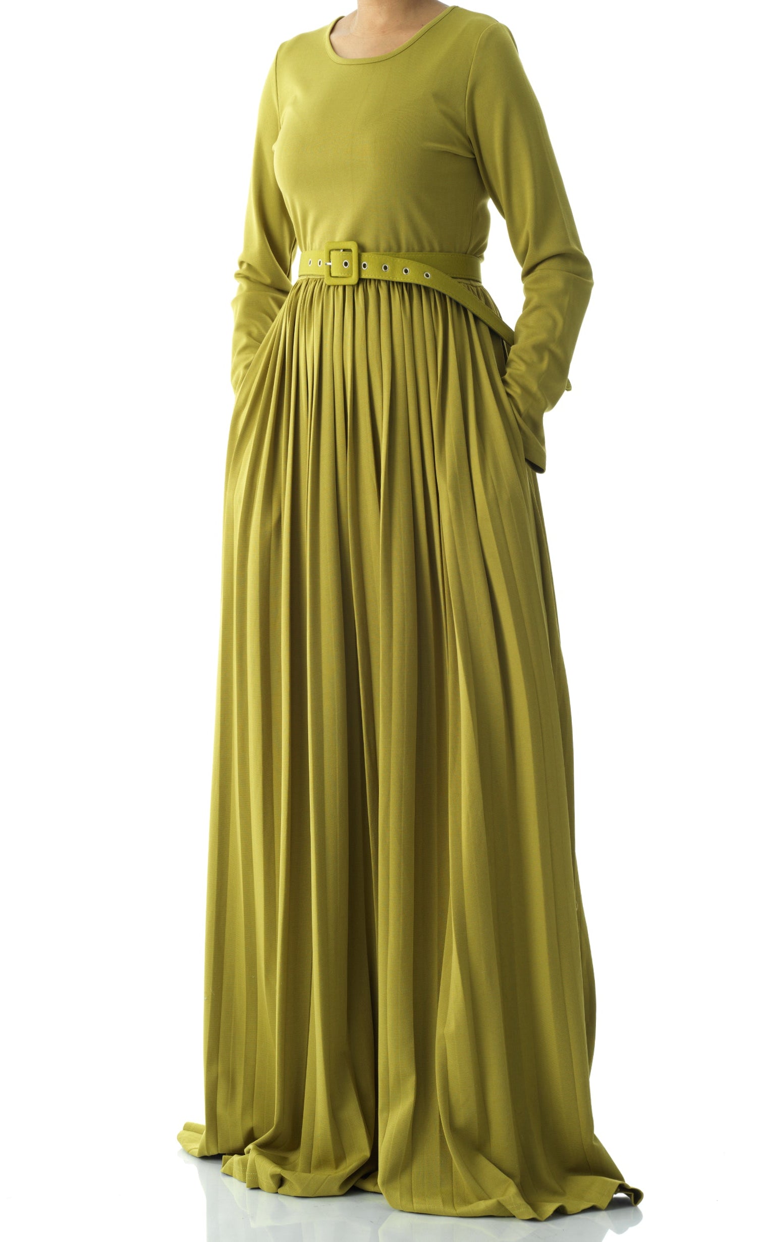 Zaytoon Olive pleated ponti di roma maxi dress Kabayare