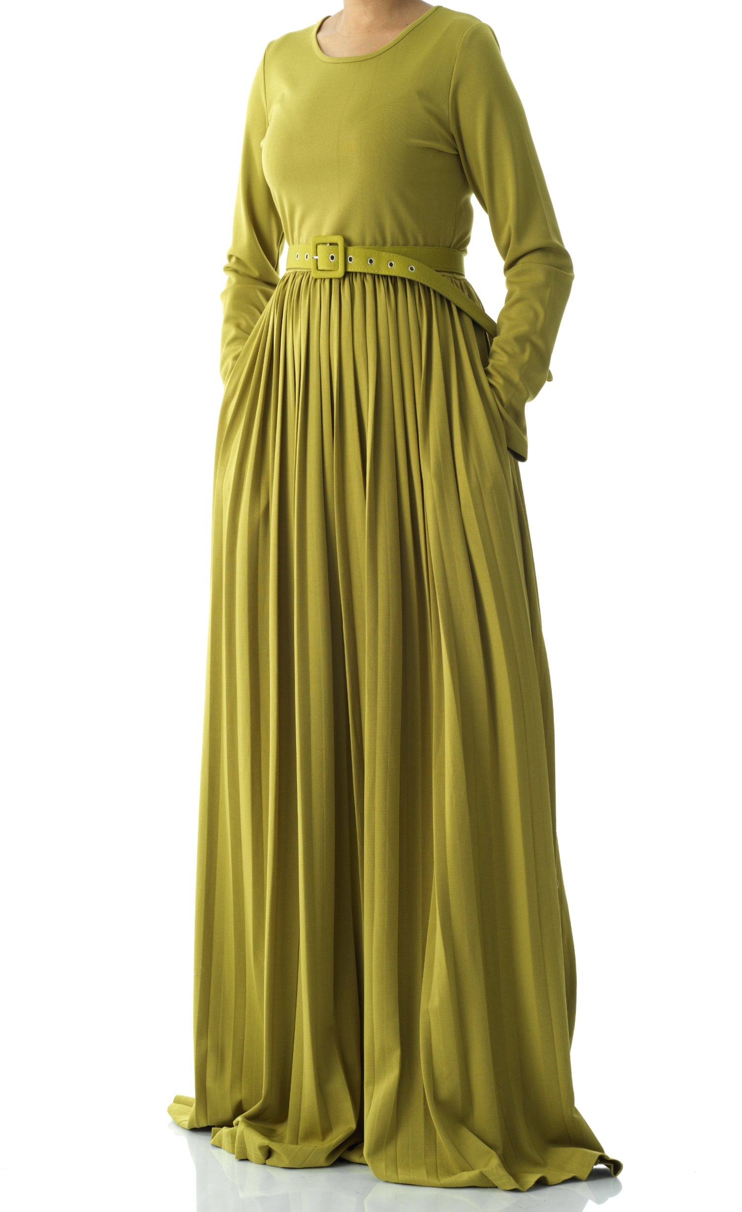 Zaytoon Olive pleated ponti di roma maxi dress Kabayare