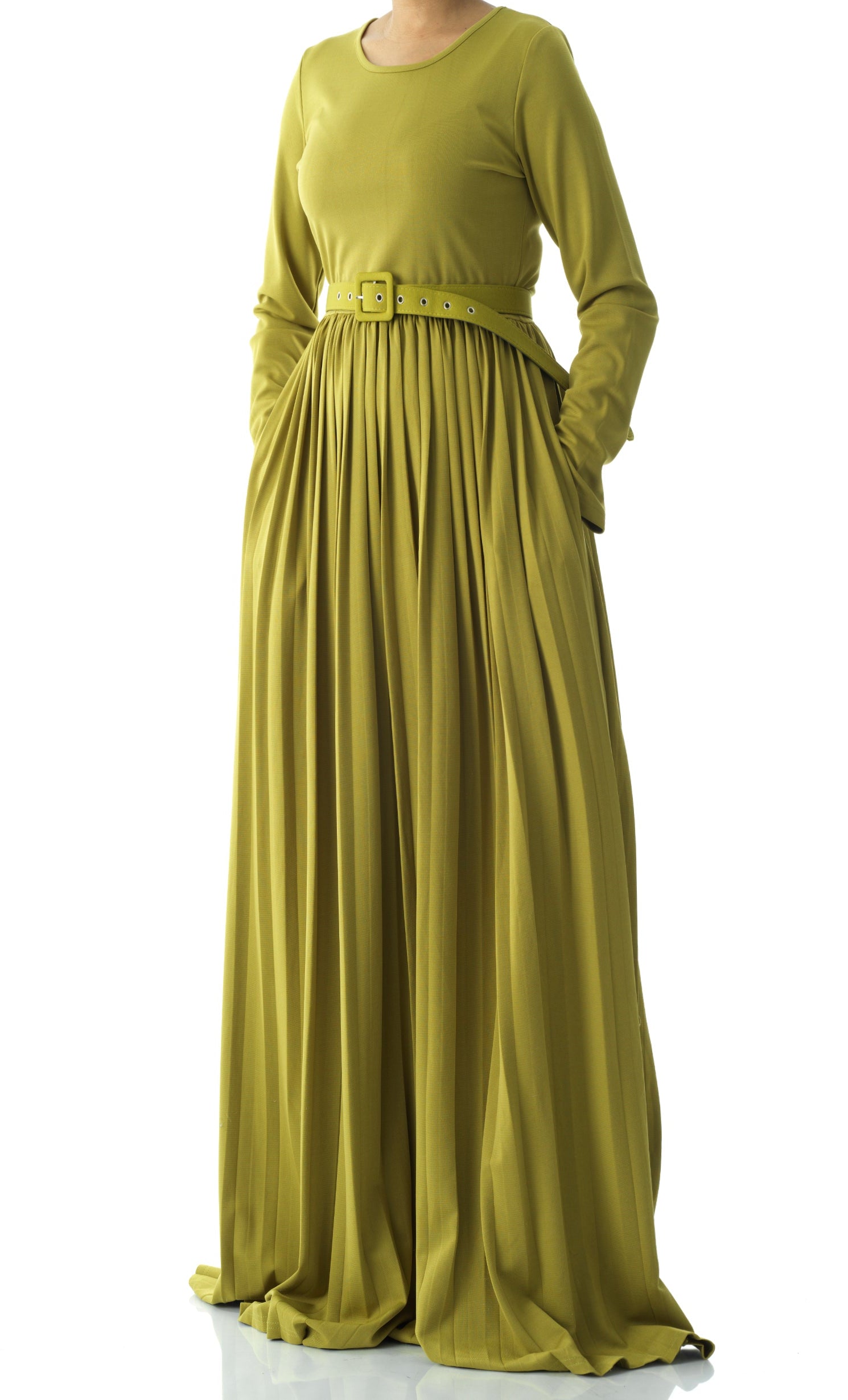 Zaytoon Olive pleated ponti di roma maxi dress Kabayare
