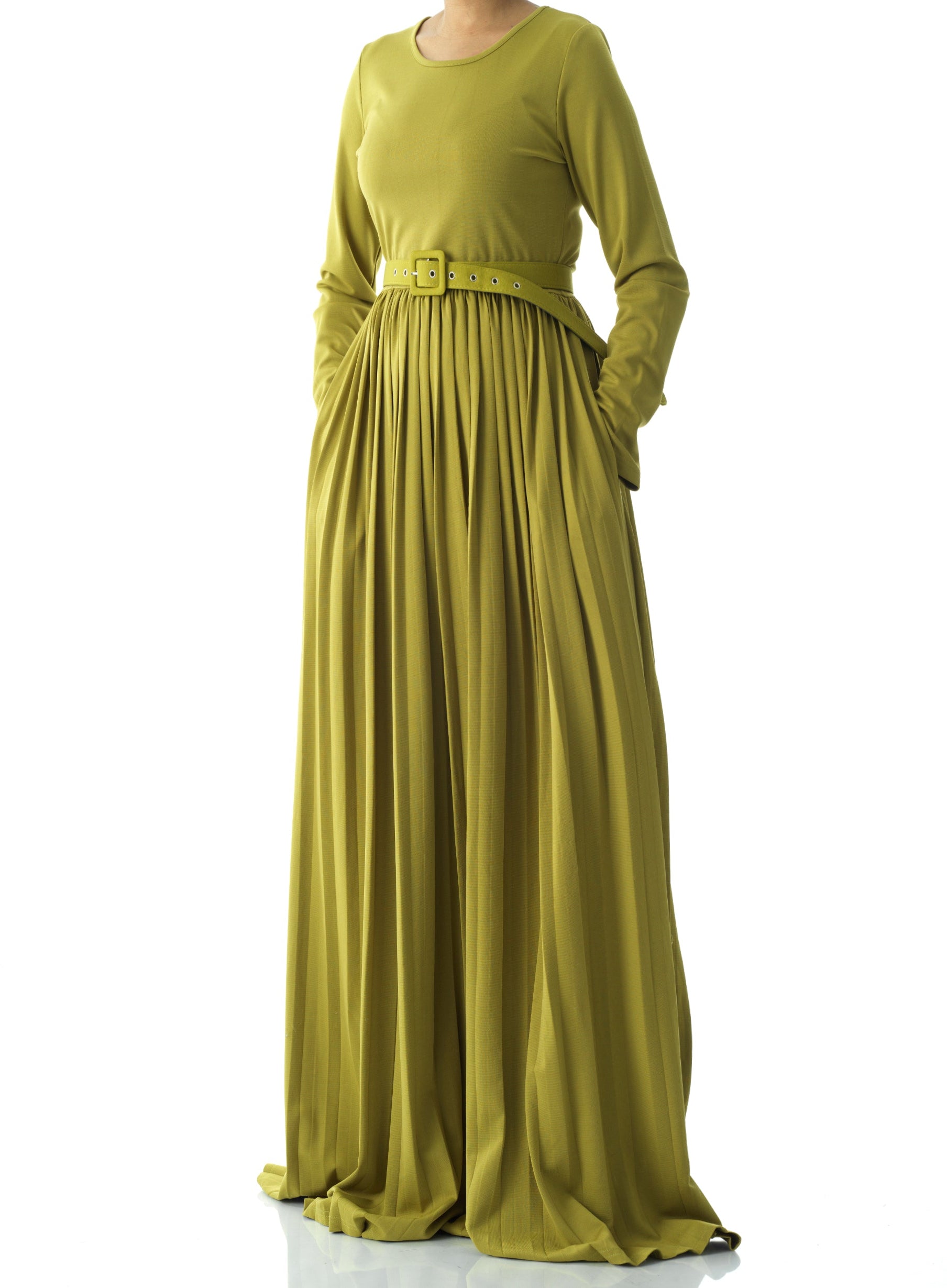 Zaytoon Olive pleated ponti di roma maxi dress Kabayare
