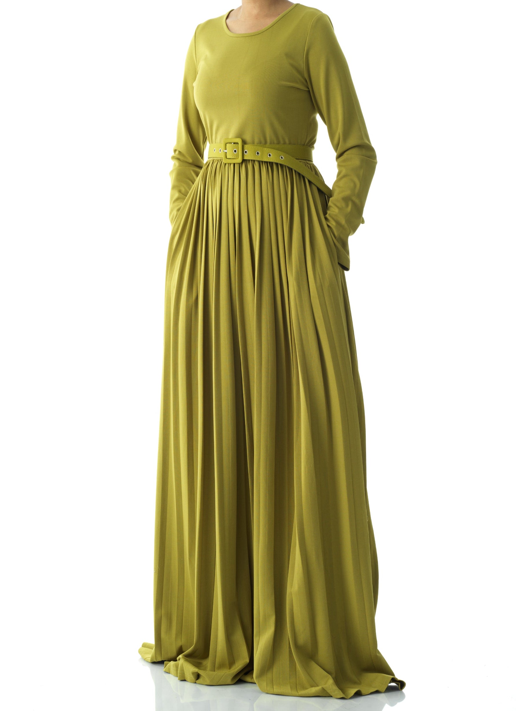 Zaytoon Olive pleated ponti di roma maxi dress Kabayare