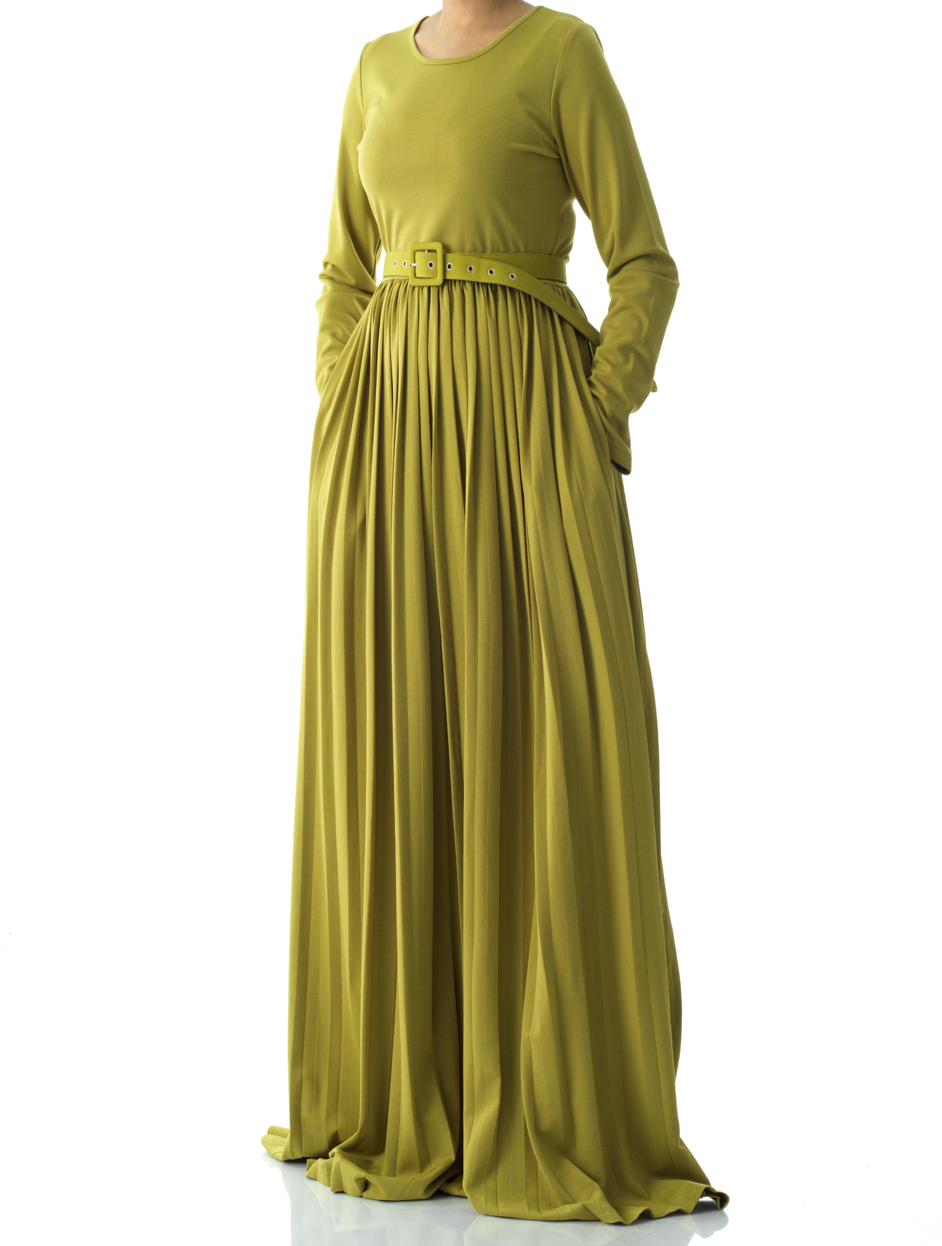 Zaytoon Olive pleated ponti di roma maxi dress Kabayare