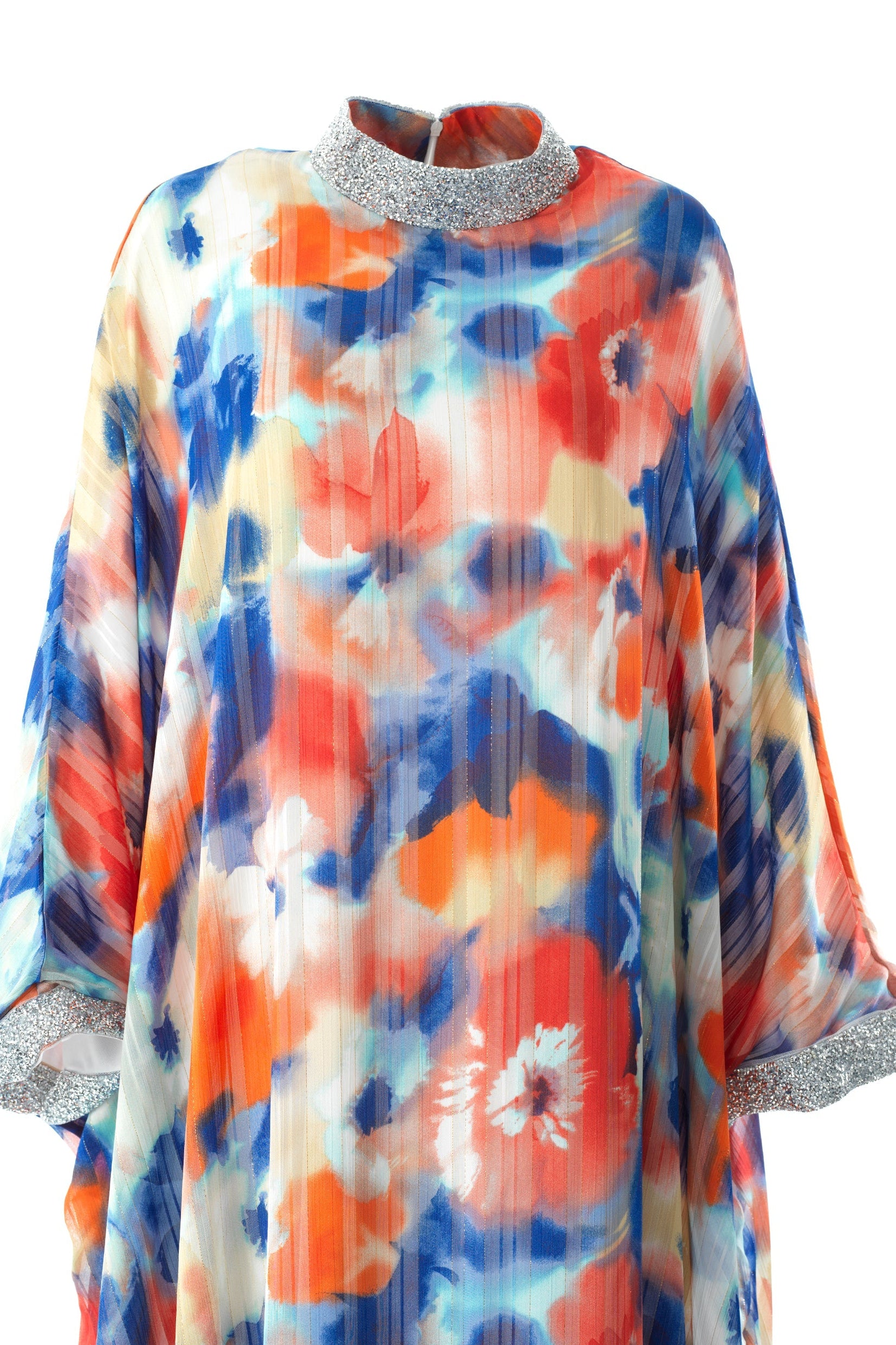 Zohra Blue and red tone silk chiffon shimmer kaftan abaya Kabayare
