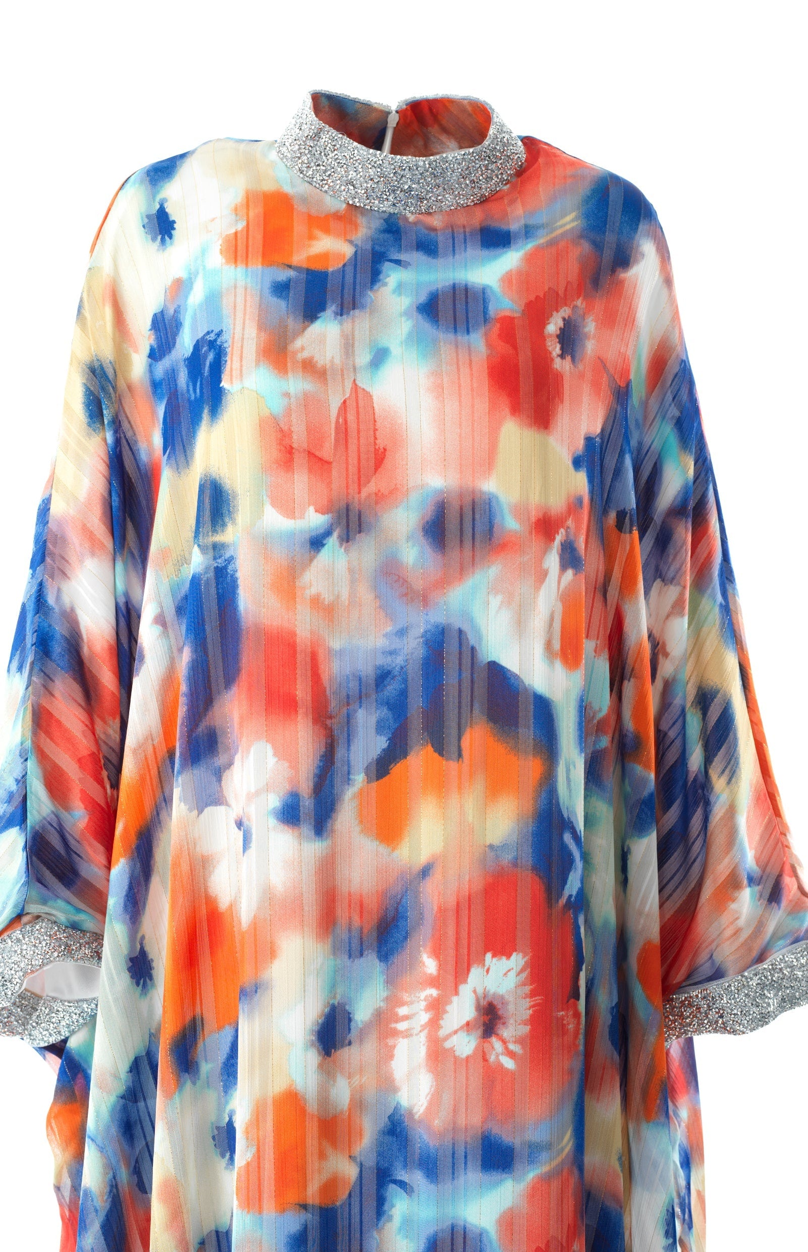 Zohra Blue and red tone silk chiffon shimmer kaftan abaya Kabayare