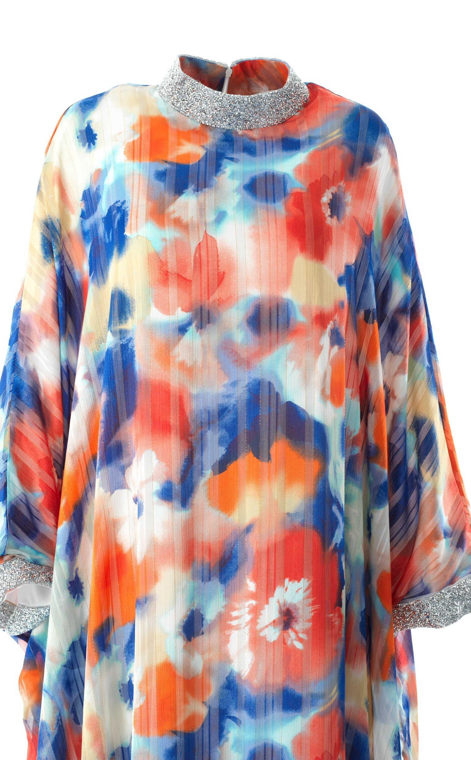 Zohra Blue and red tone silk chiffon shimmer kaftan abaya Kabayare