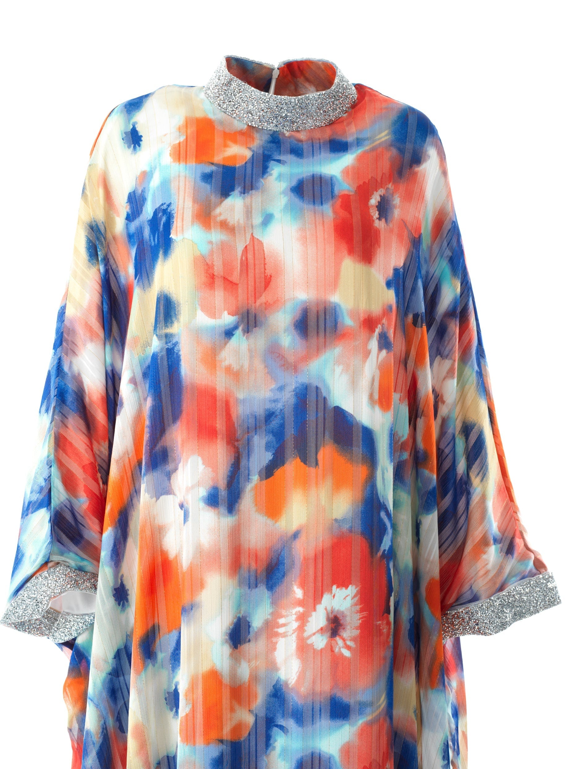 Zohra Blue and red tone silk chiffon shimmer kaftan abaya Kabayare