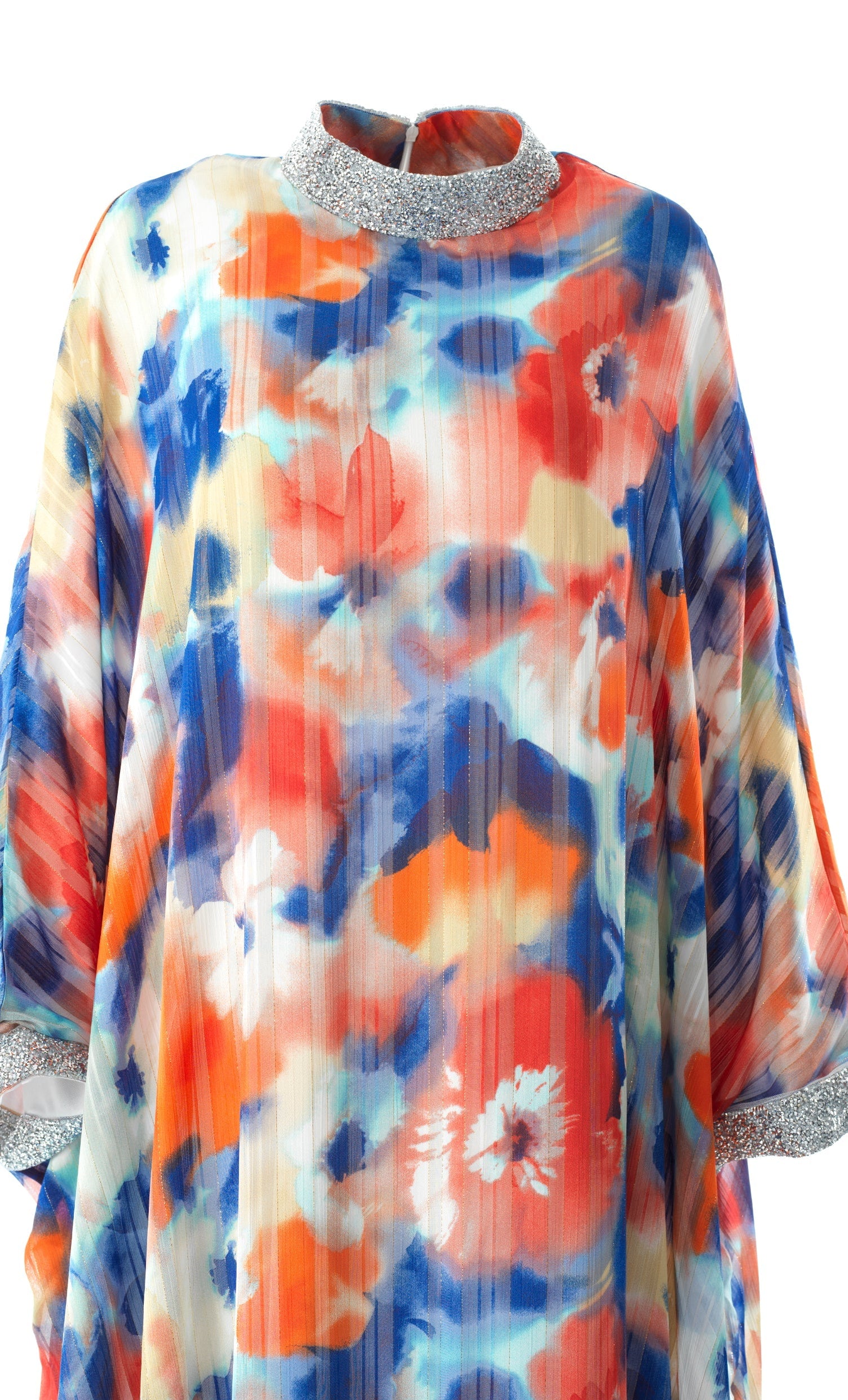 Zohra Blue and red tone silk chiffon shimmer kaftan abaya Kabayare