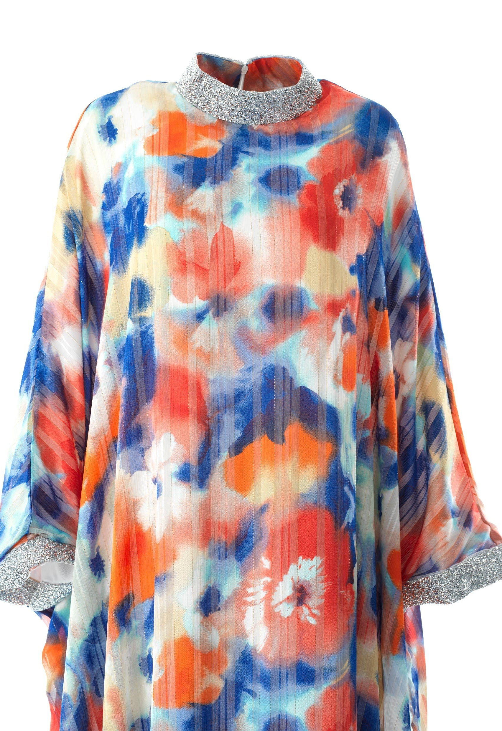 Zohra Blue and red tone silk chiffon shimmer kaftan abaya Kabayare