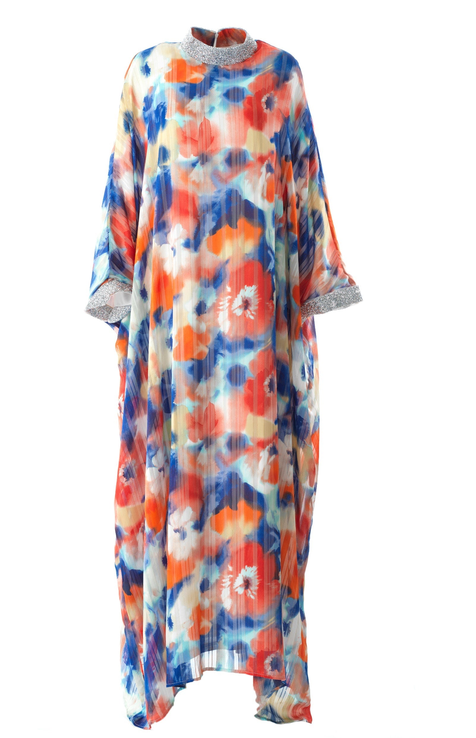 Zohra Blue and red tone silk chiffon shimmer kaftan abaya Kabayare