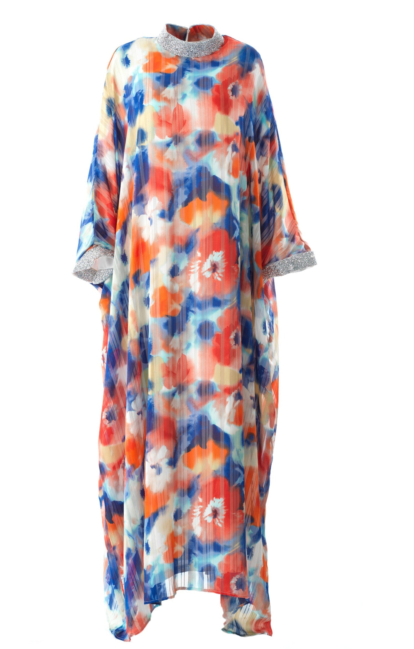 Zohra Blue and red tone silk chiffon shimmer kaftan abaya Kabayare