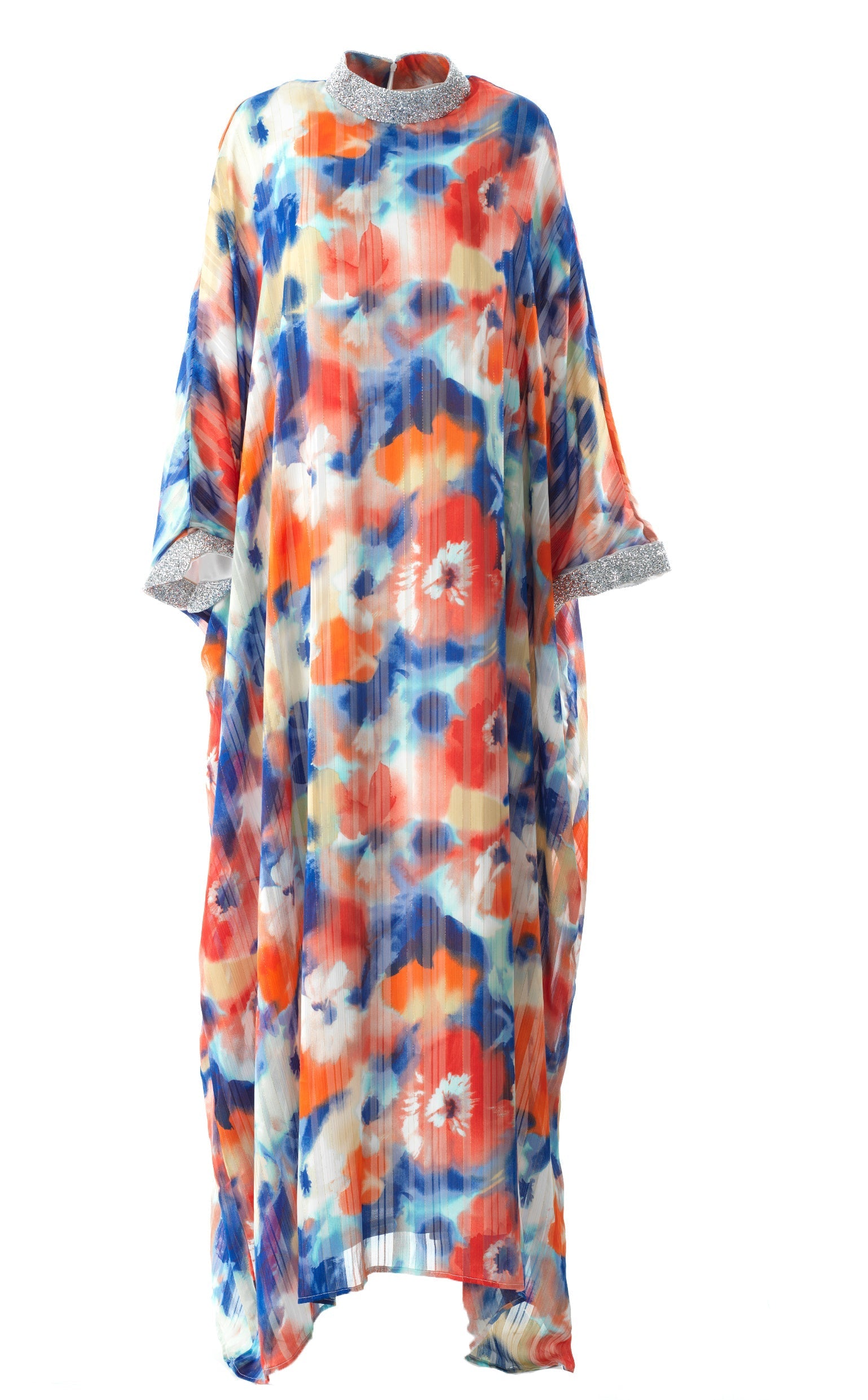 Zohra Blue and red tone silk chiffon shimmer kaftan abaya Kabayare