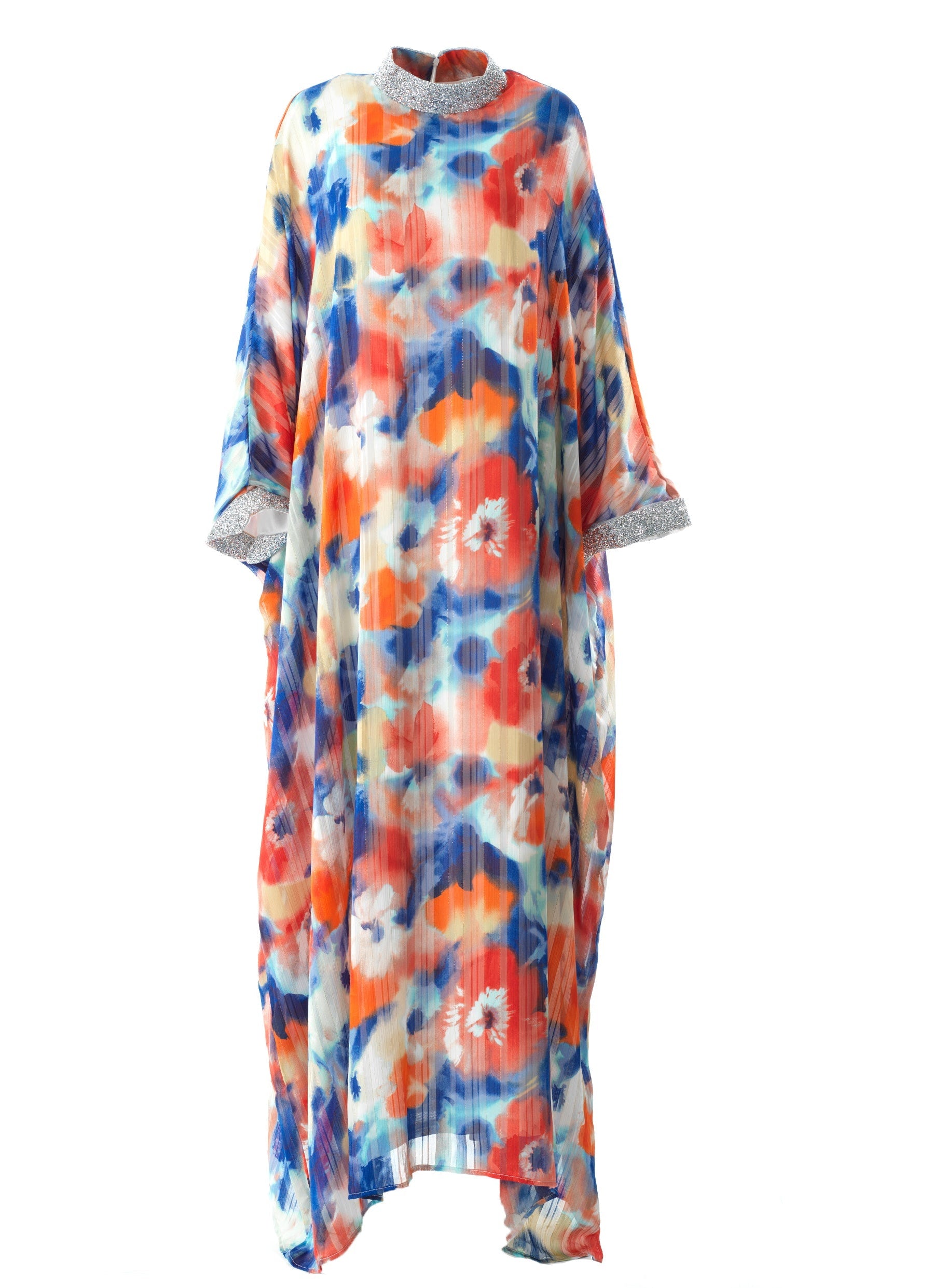 Zohra Blue and red tone silk chiffon shimmer kaftan abaya Kabayare