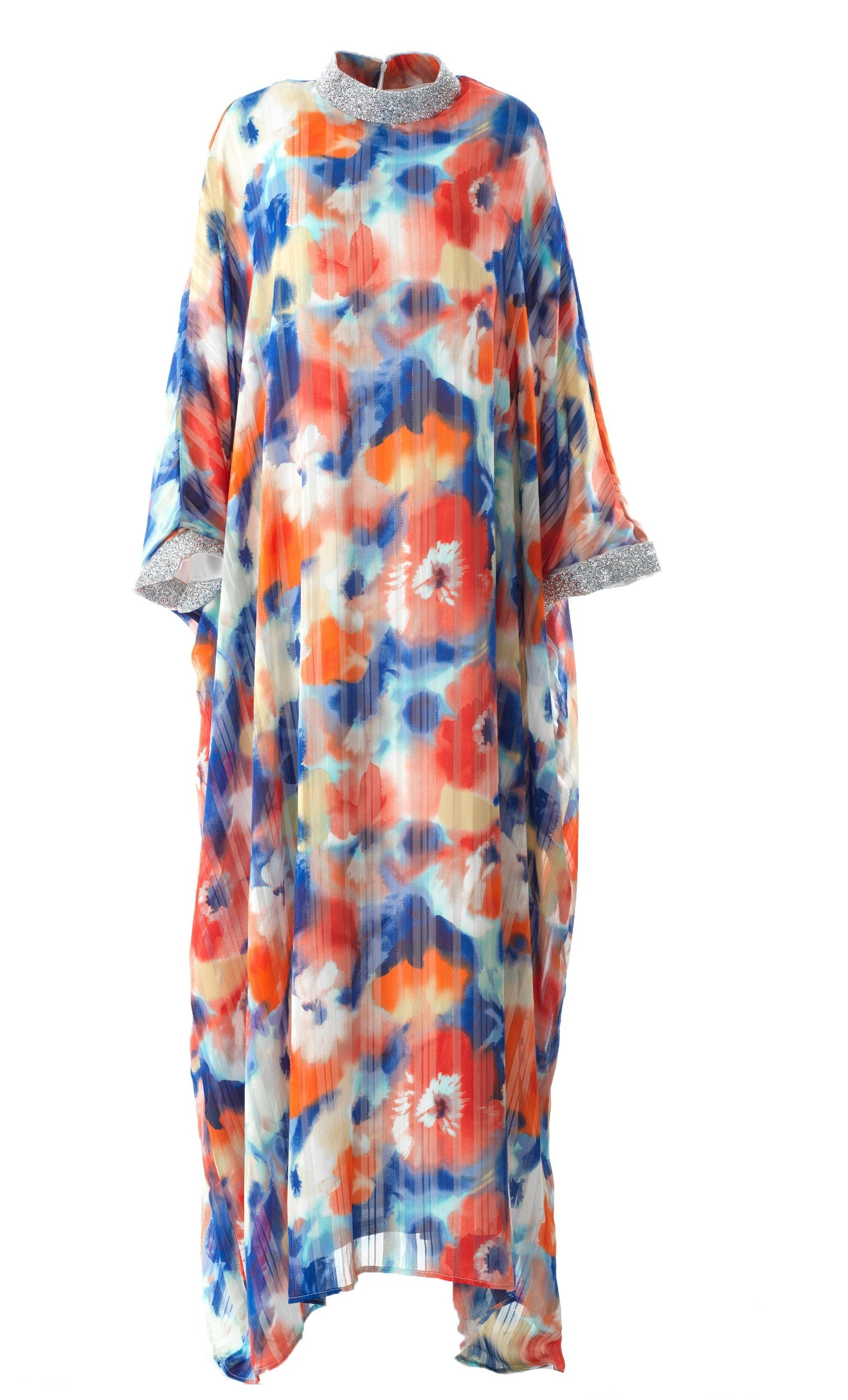 Zohra Blue and red tone silk chiffon shimmer kaftan abaya Kabayare