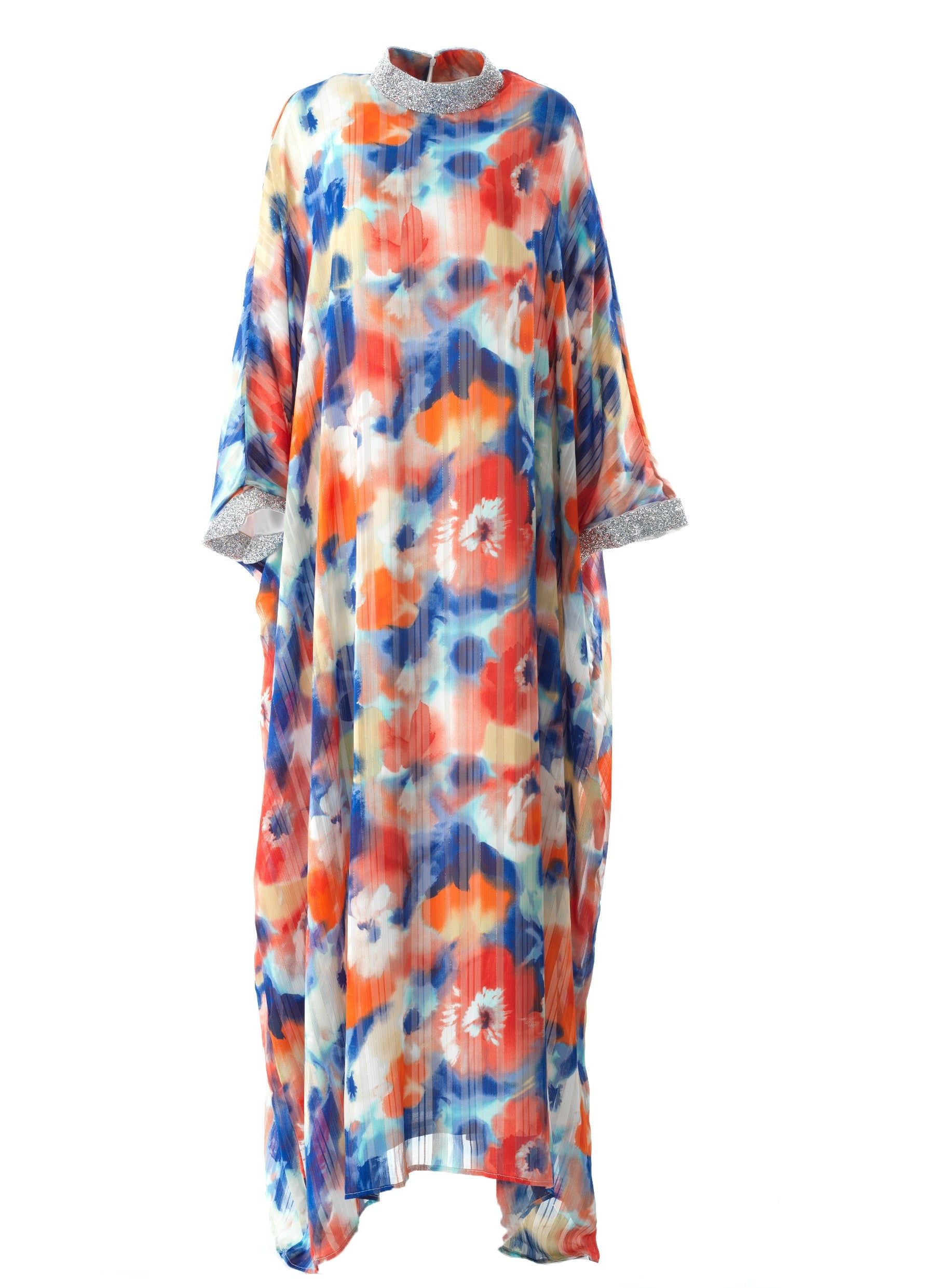 Zohra Blue and red tone silk chiffon shimmer kaftan abaya Kabayare