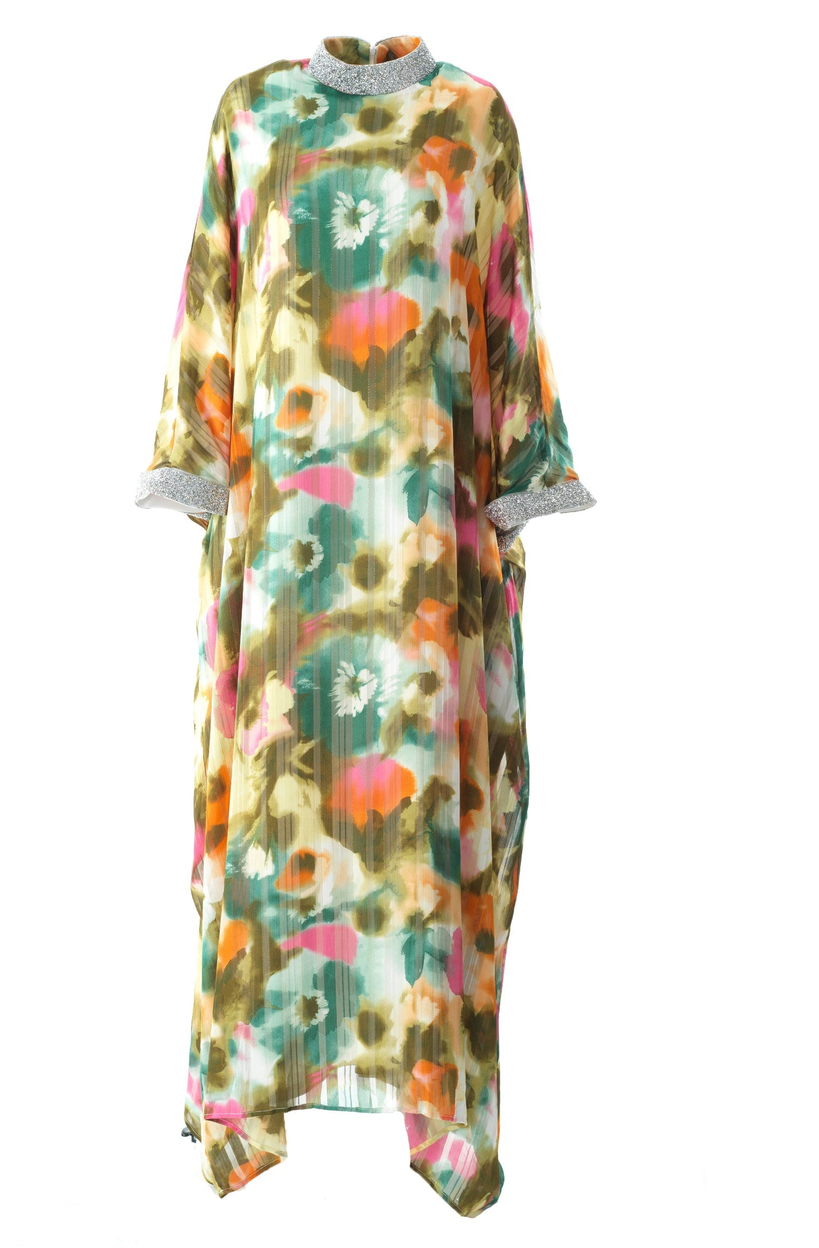 Zohra Olive tone silk chiffon shimmer kaftan abaya Kabayare