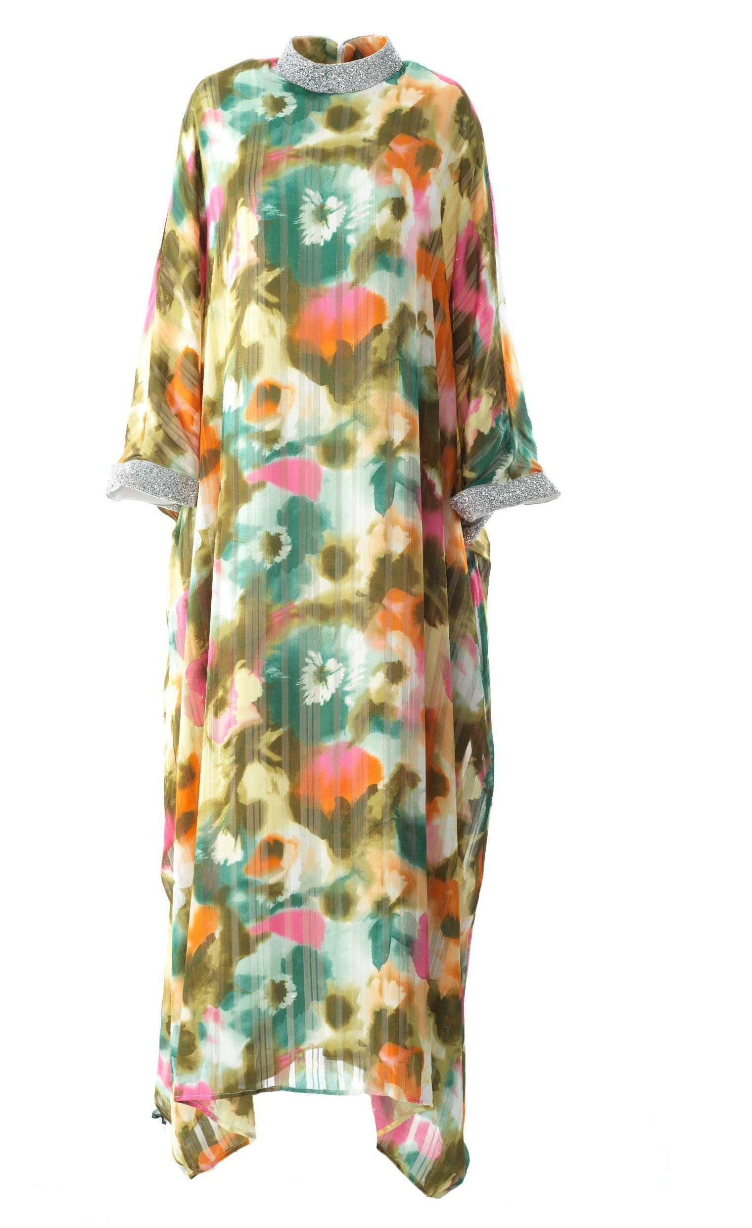 Zohra Olive tone silk chiffon shimmer kaftan abaya Kabayare