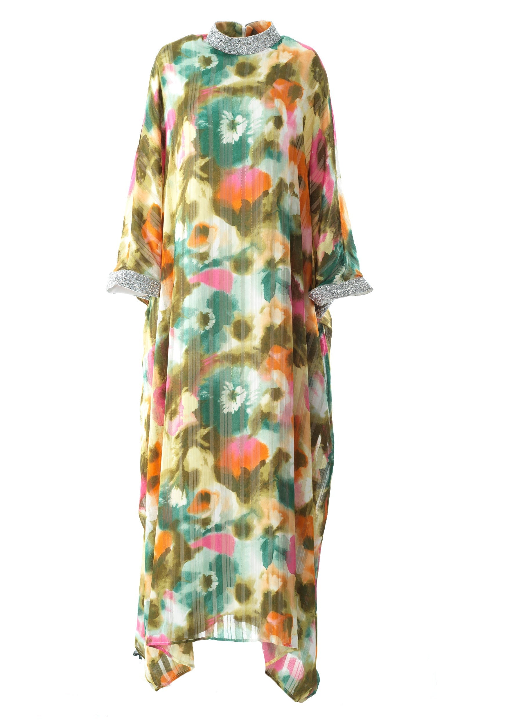 Zohra Olive tone silk chiffon shimmer kaftan abaya Kabayare