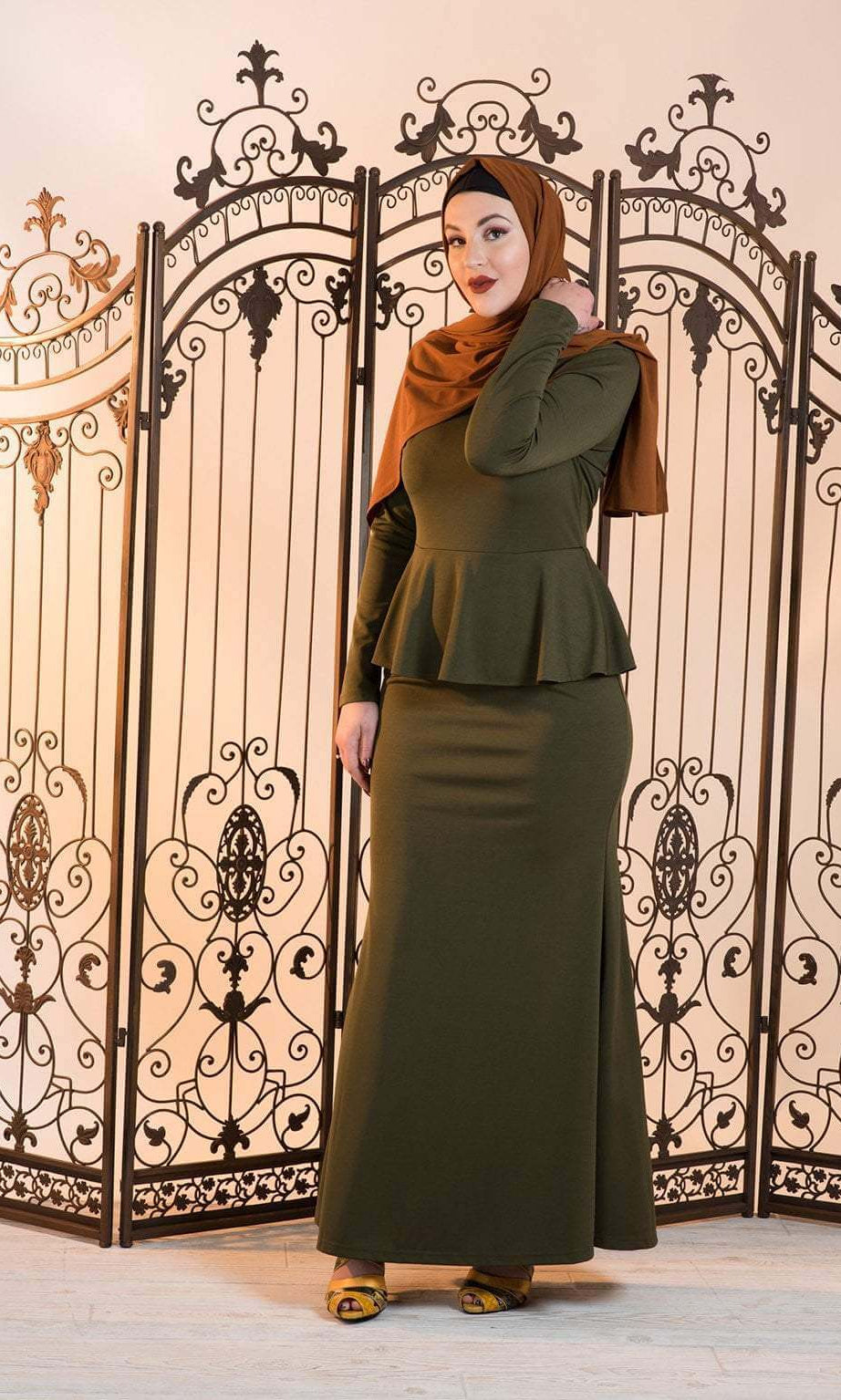 Army Green Long Sleeve Peplum Maxi Dress Kabayare