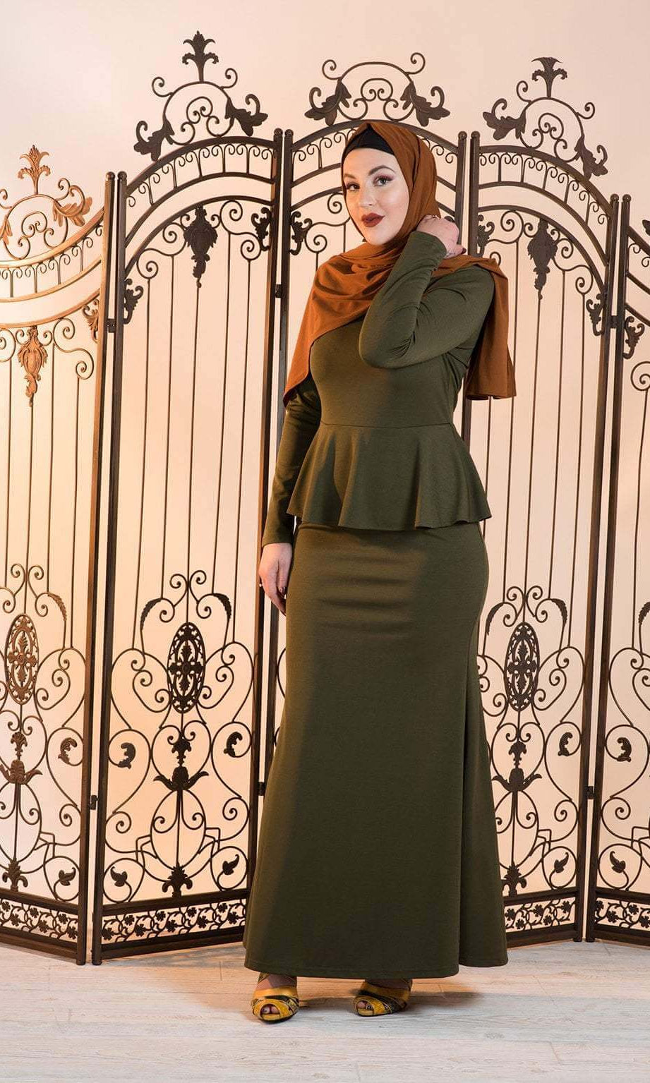 Army Green Long Sleeve Peplum Maxi Dress Kabayare
