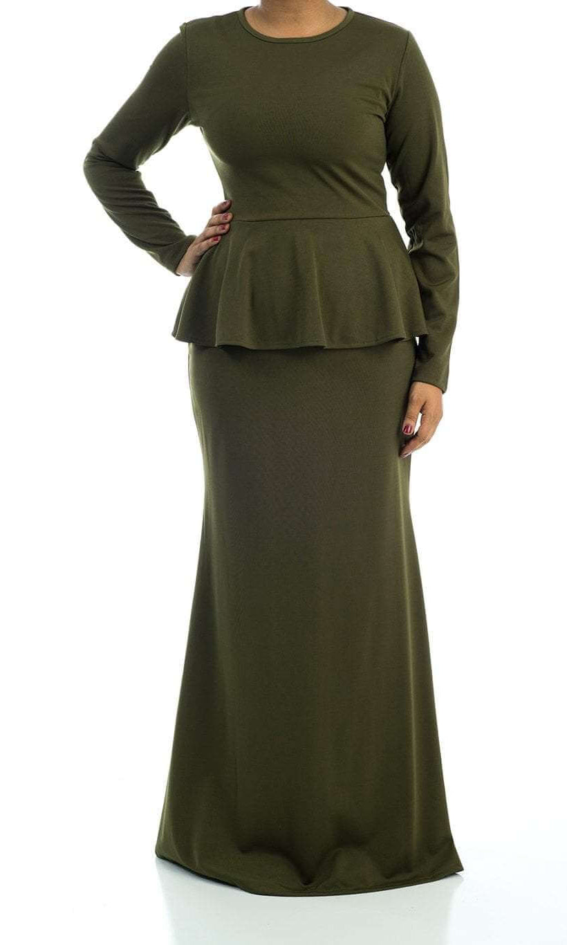 Army Green Long Sleeve Peplum Maxi Dress Kabayare