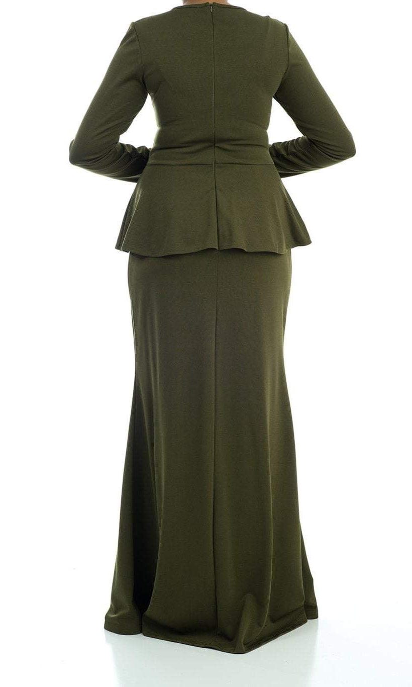 Army Green Long Sleeve Peplum Maxi Dress Kabayare