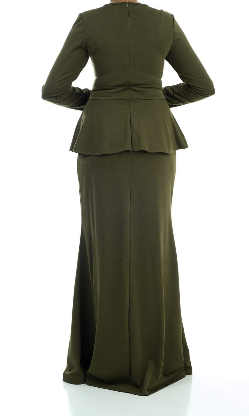 Army Green Long Sleeve Peplum Maxi Dress Kabayare