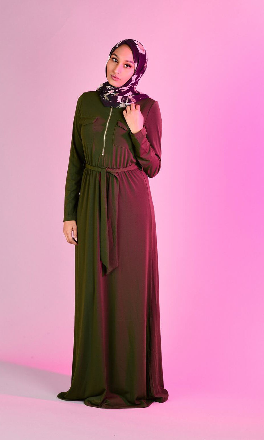 Army green zipper front Maxi Dress Kabayare