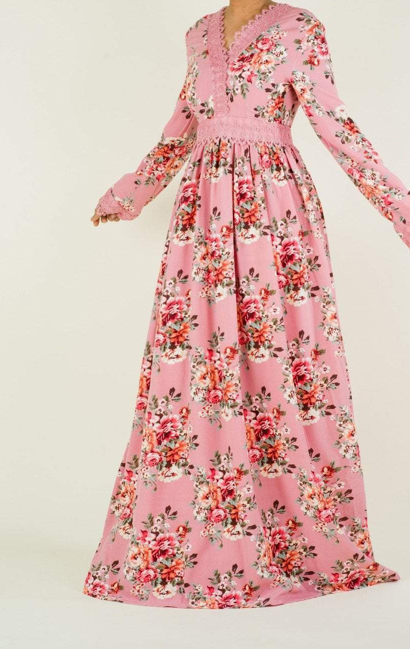Begonia Print Lace-Up Maxi Dress Kabayare