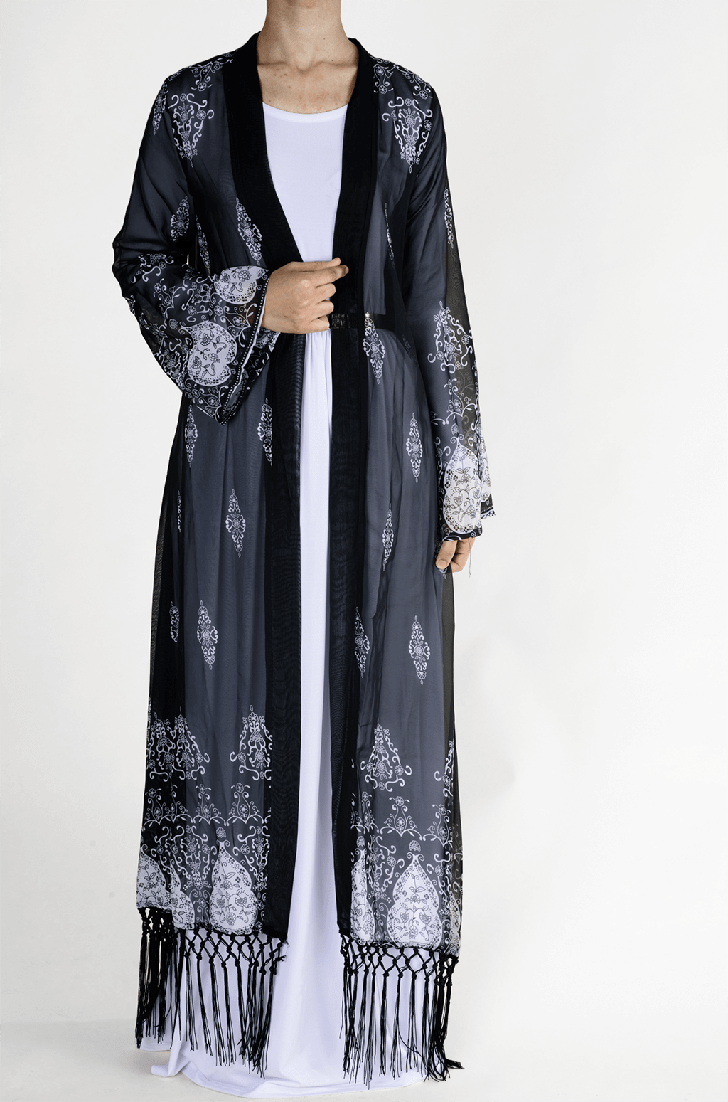 Black Chiffon Fringe Kimono Kabayare