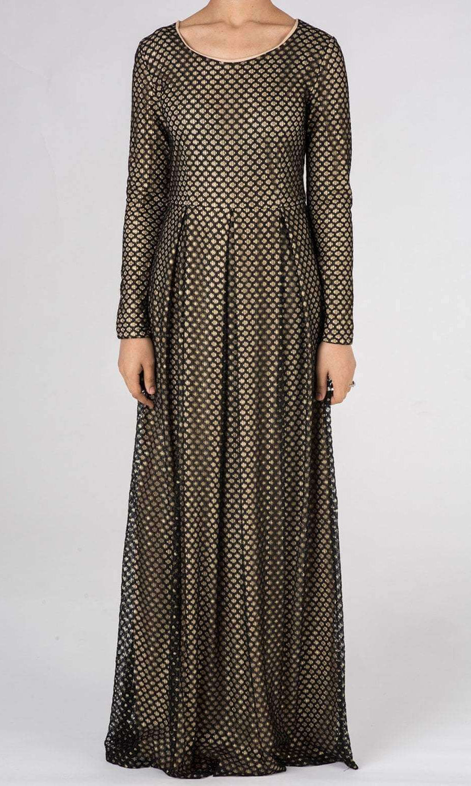 Black Dots with Golden Pattern Lace Dress Kabayare
