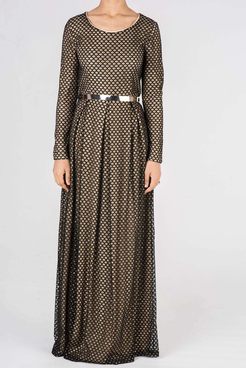 Black Dots with Golden Pattern Lace Dress Kabayare