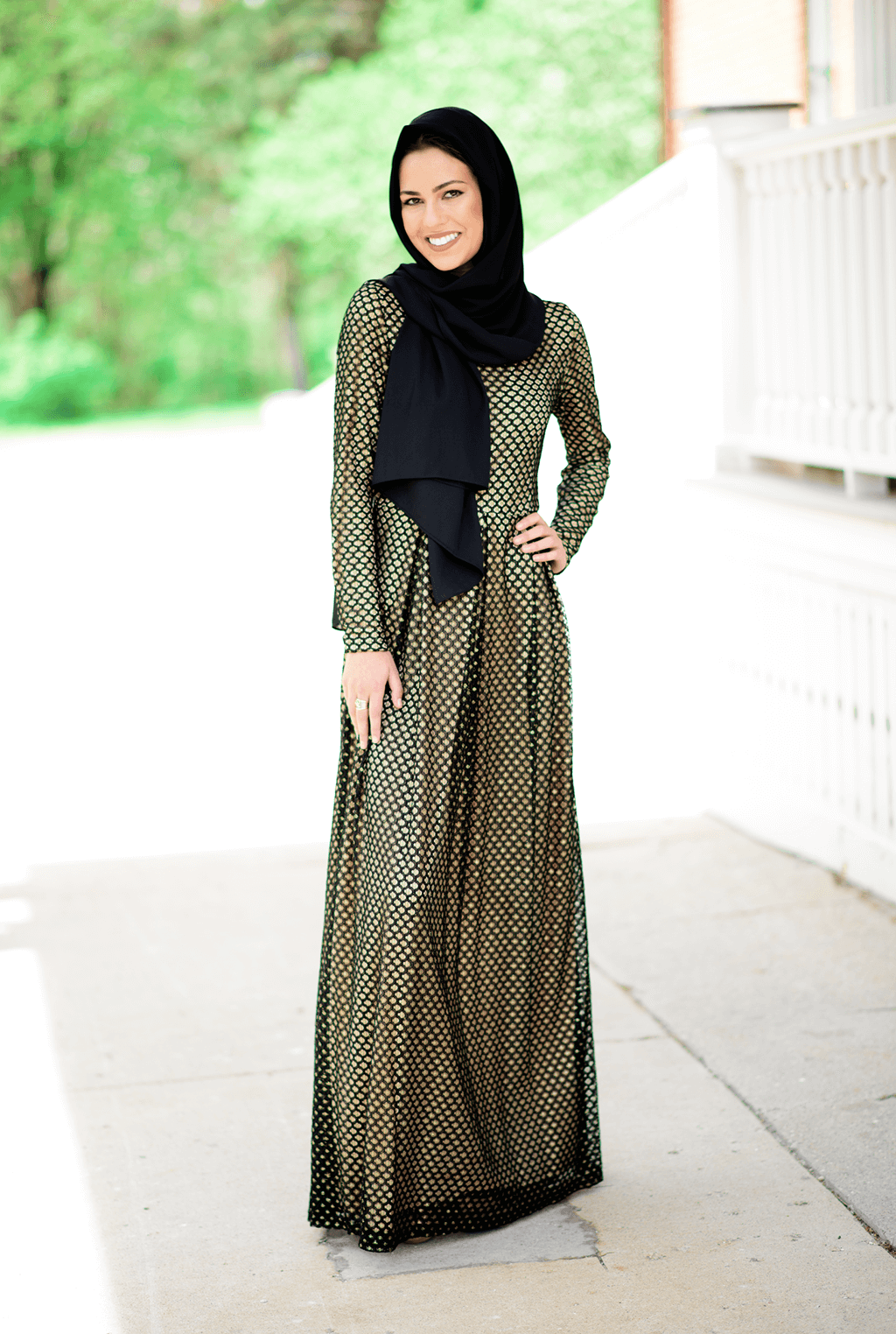 Black Dots with Golden Pattern Lace Dress Kabayare